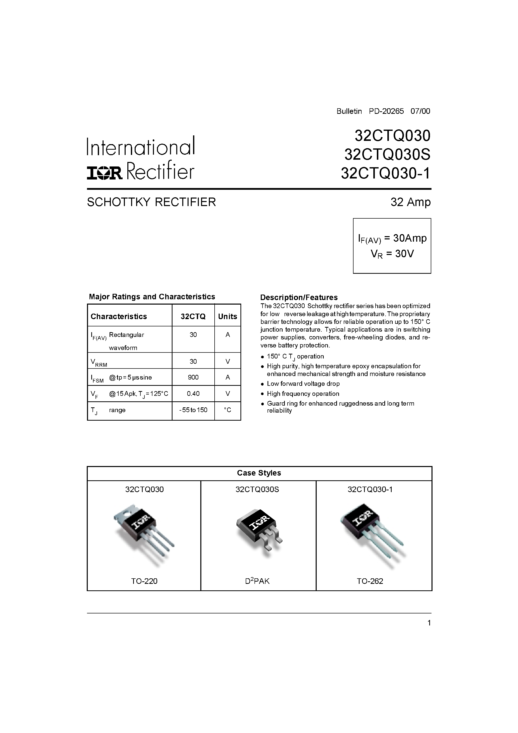 Datasheet 32CTQ030S - SCHOTTKY RECTIFIER page 1