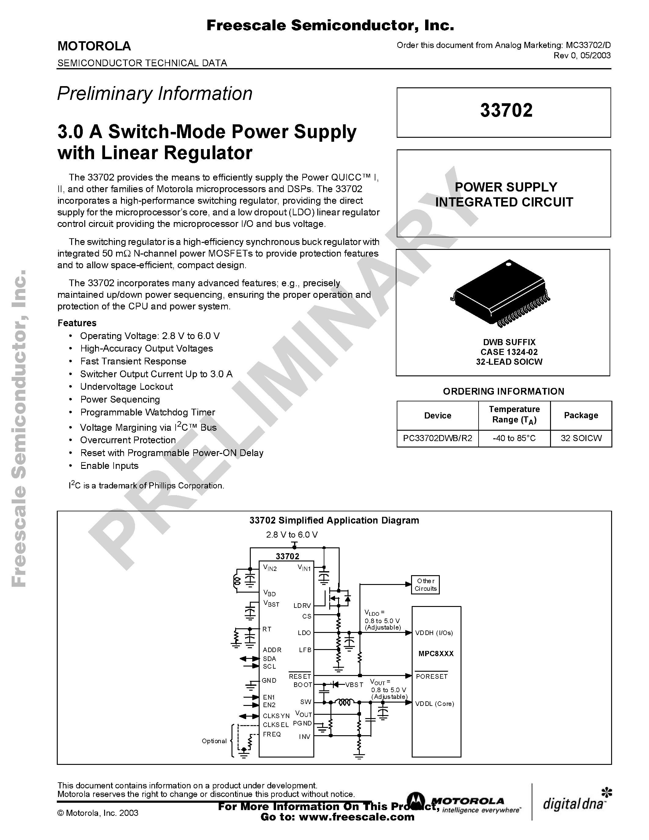 Datasheet 33702 page 1 Datasheet 33702 - 3.0 A Switch-Mode Power Supply with Linear Regulator page 1