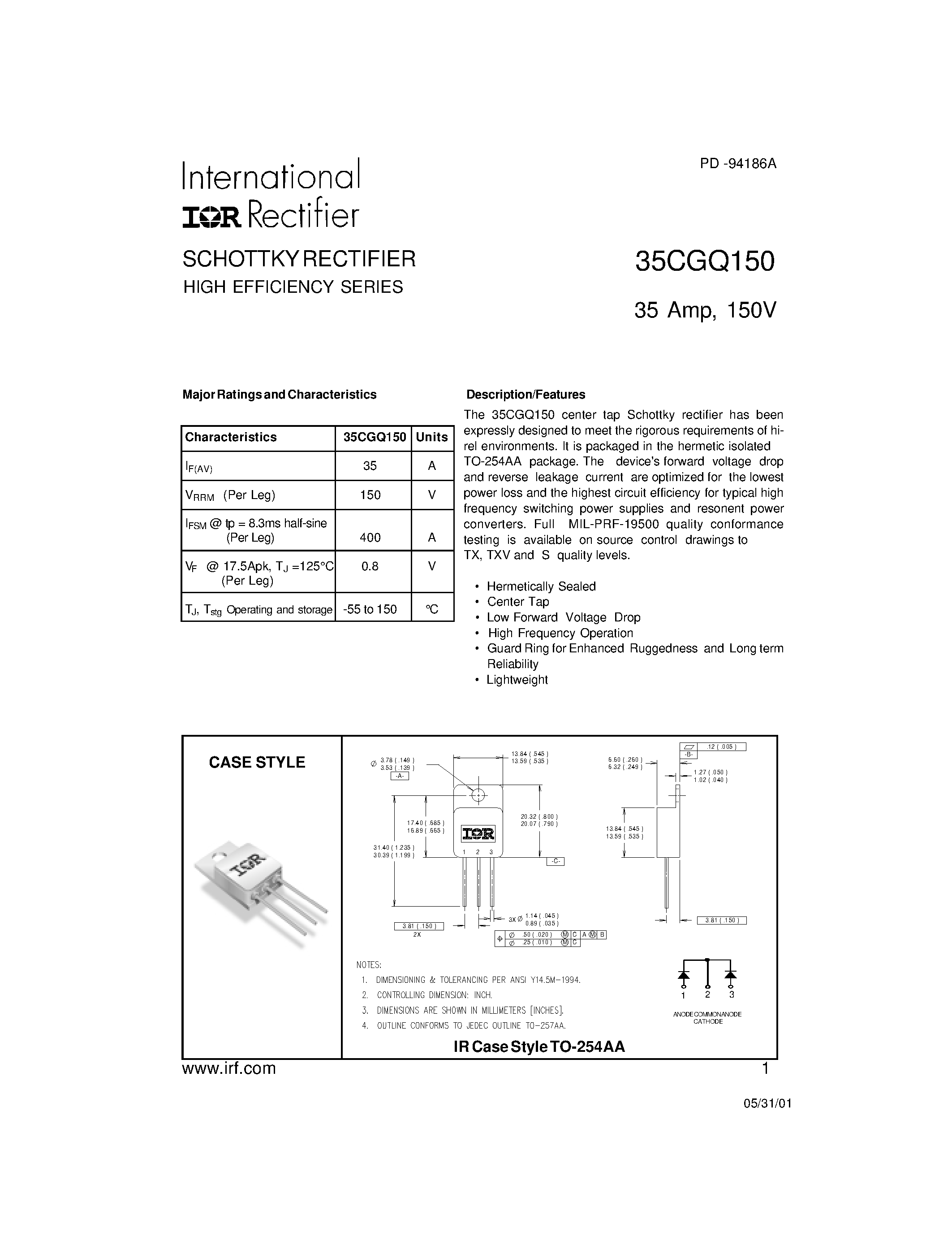 Datasheet 35CGQ150 page 1 Datasheet 35CGQ150 - SCHOTTKY RECTIFIER HIGH EFFICIENCY SERIES page 1