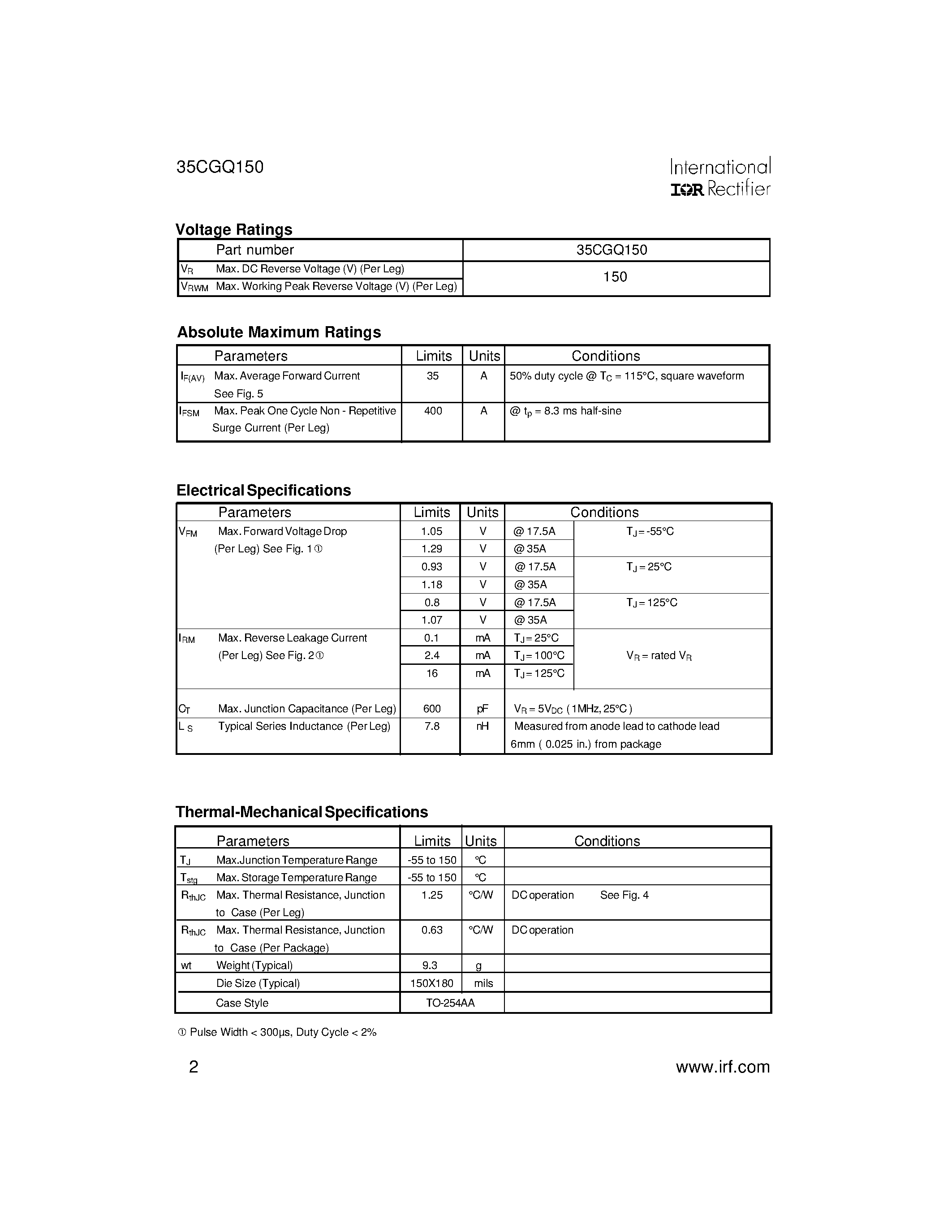 Datasheet 35CGQ150 page 2 Datasheet 35CGQ150 - SCHOTTKY RECTIFIER HIGH EFFICIENCY SERIES page 2