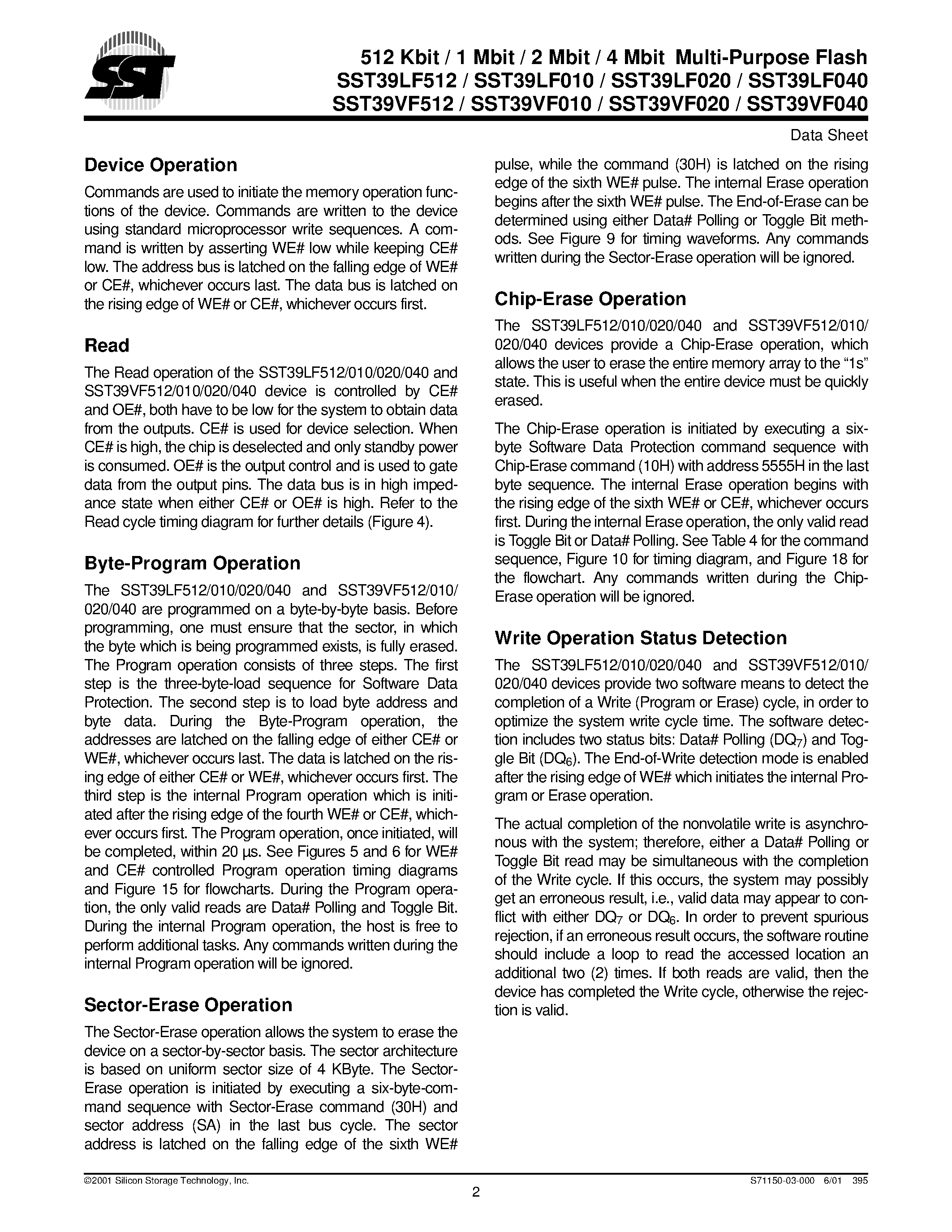 Datasheet 39LF020 - 512 Kbit / 1 Mbit / 2 Mbit / 4 Mbit (x8) Multi-Purpose Flash page 2