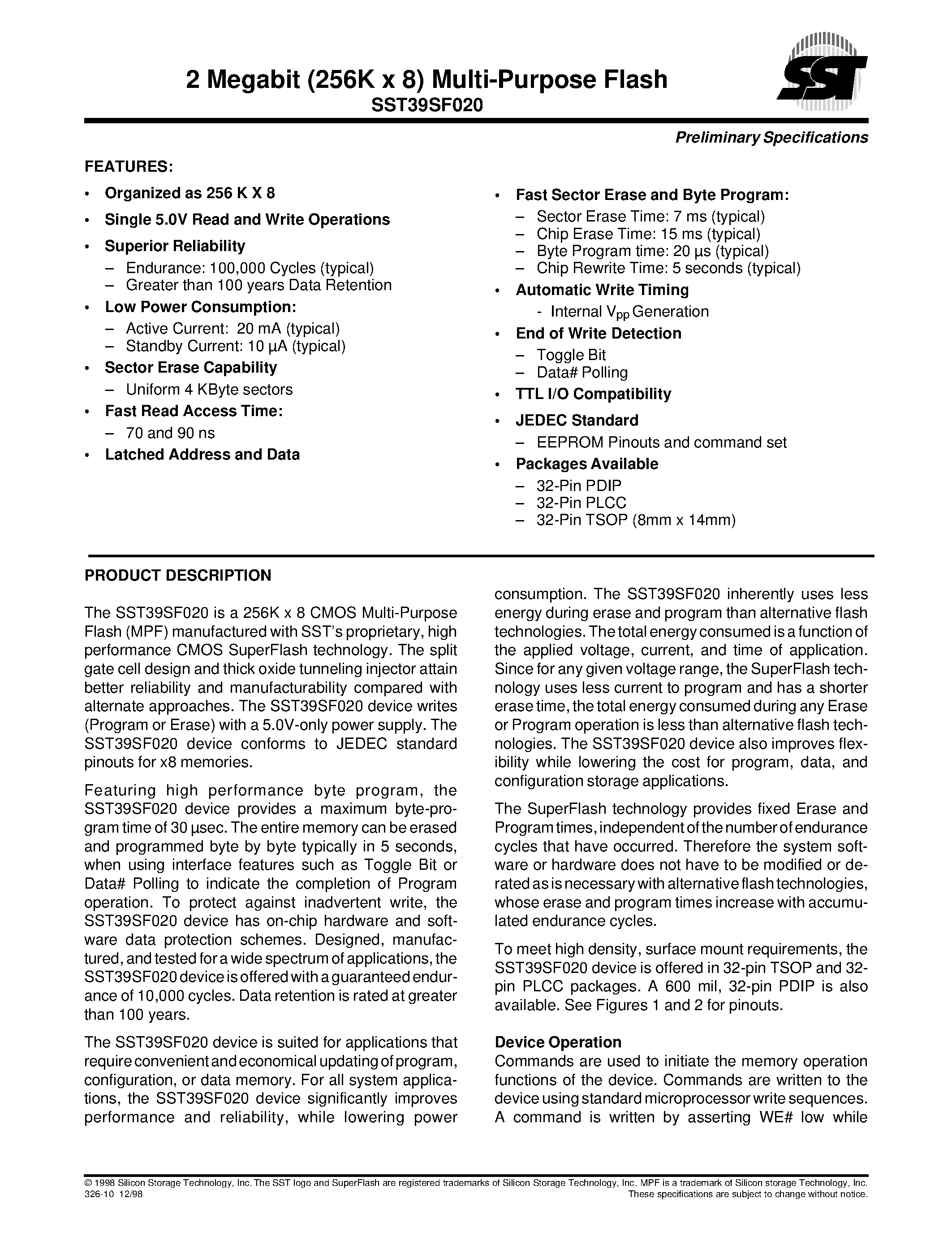 Datasheet 39SF020 - 2 Megabit (256K x 8) Multi-Purpose Flash page 1