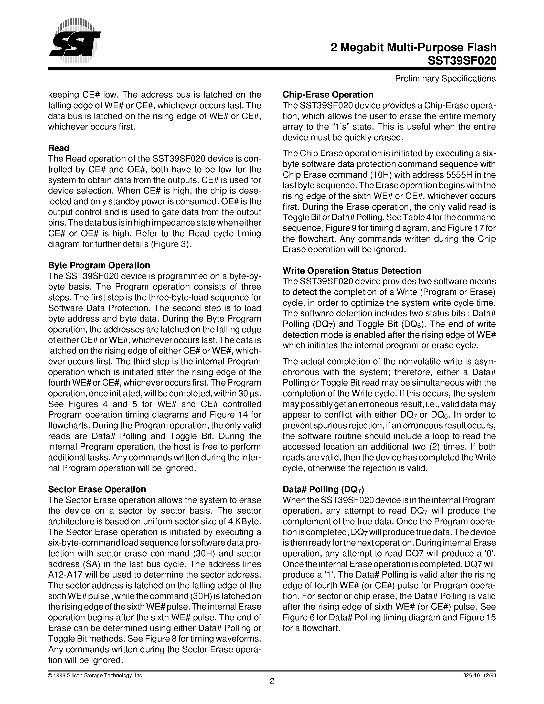 Datasheet 39SF020 - 2 Megabit (256K x 8) Multi-Purpose Flash page 2