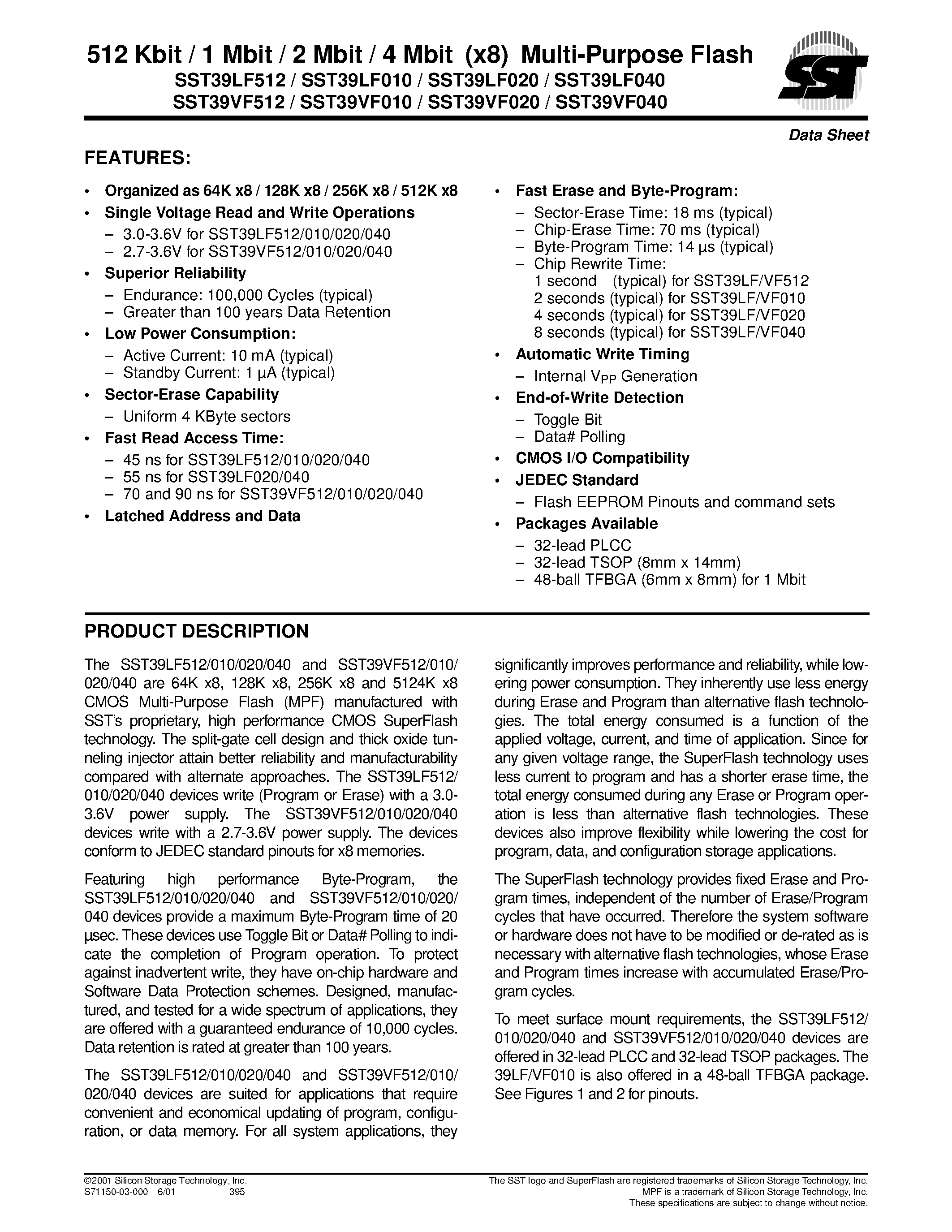 Datasheet 39VF040 - 512 Kbit / 1 Mbit / 2 Mbit / 4 Mbit (x8) Multi-Purpose Flash page 1