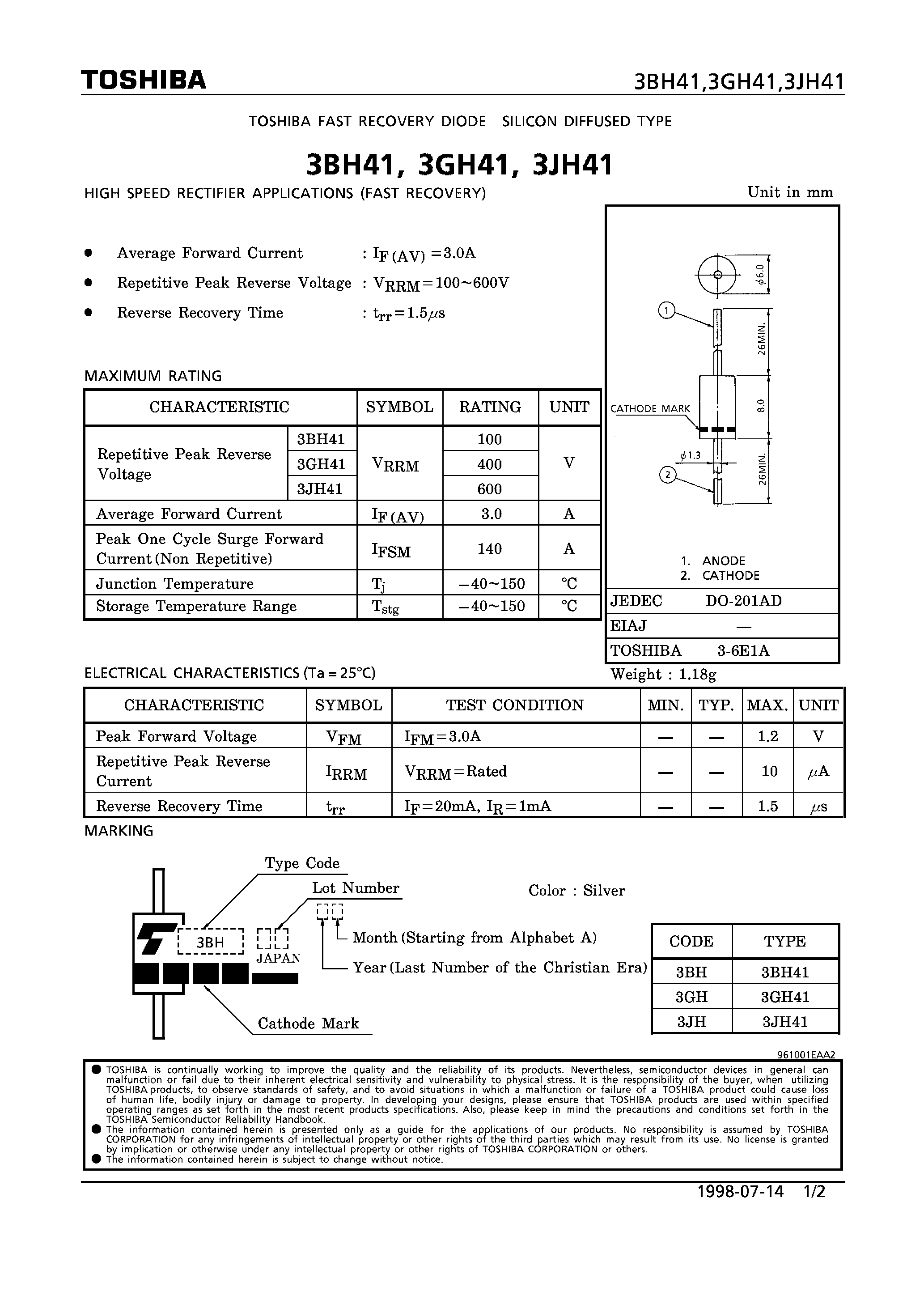 Datasheet 3BH41 - FAST RECOVERY DIODE (HIGH SPEED RECTIFIER APPLICATIONS) page 1