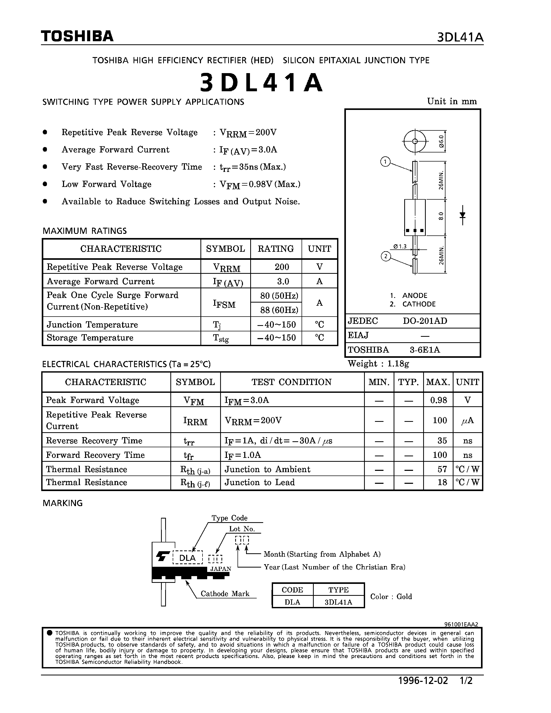Даташит на микросхему 3DL41A страница 1 Даташит 3DL41A - EPITAXIAL JUNCTION TYPE (SWITCHING TYPE POWER SUPPLY APPLICATIONS) страница 1