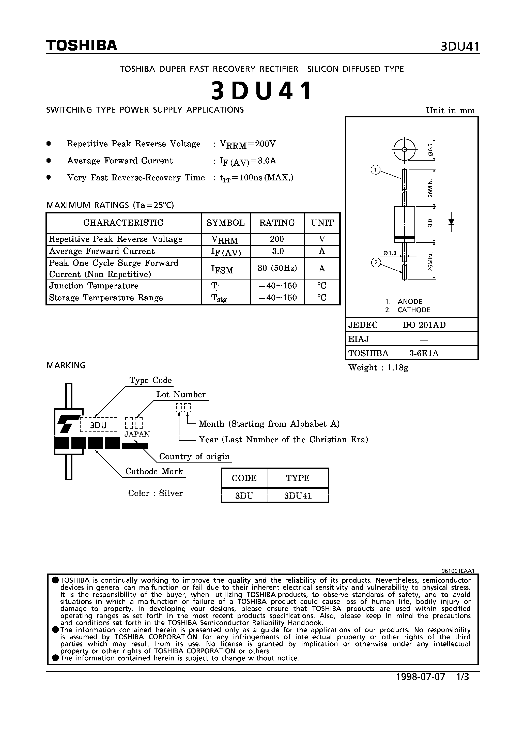 Даташит на микросхему 3DU41 страница 1 Даташит 3DU41 - SILICON DIFFUSED TYPE (SWITCHING TYPE POWER SUPPLY APPLICATIONS) страница 1