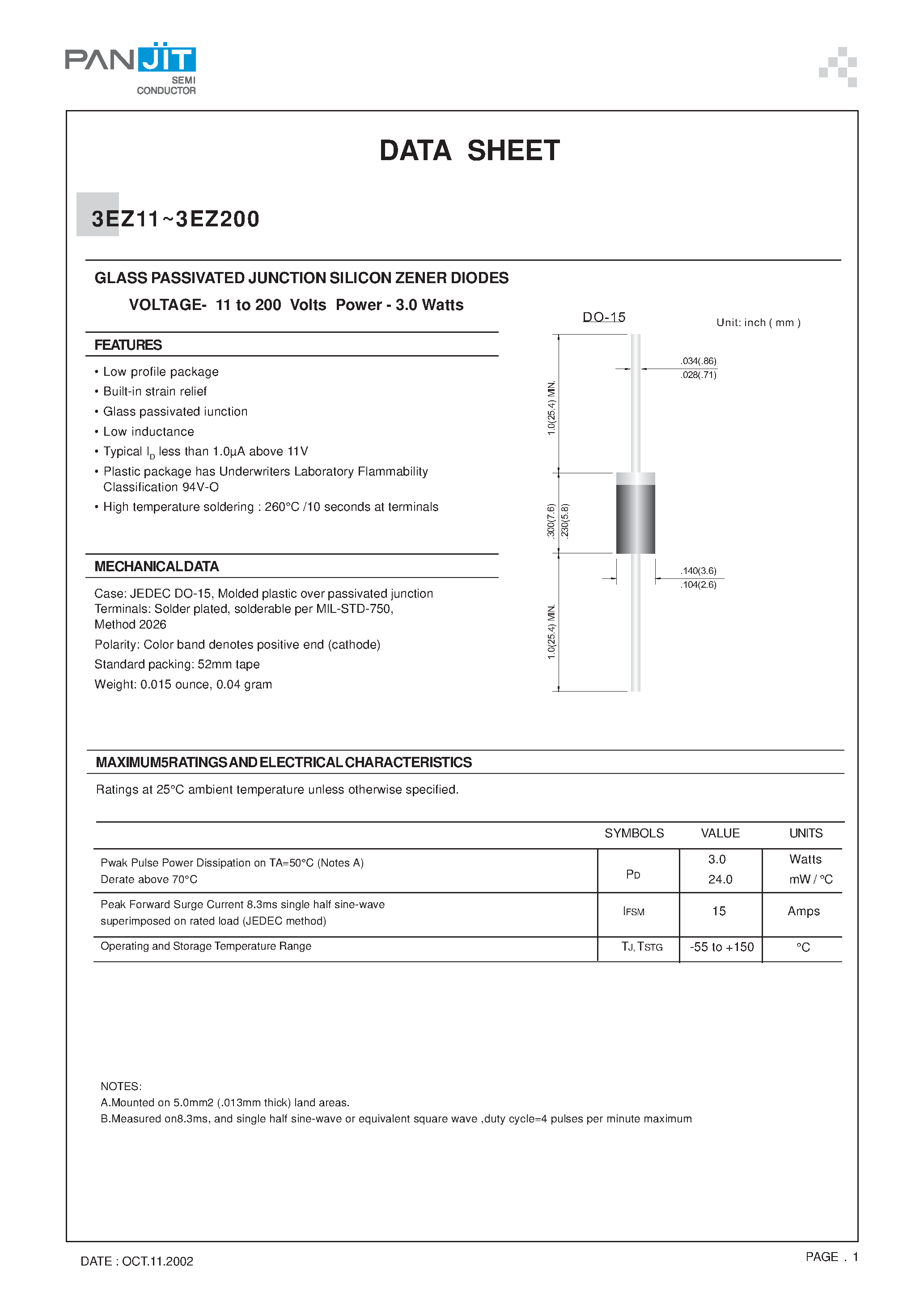 Datasheet 3EZ200 - GLASS PASSIVATED JUNCTION SILICON ZENER DIODES(VOLTAGE- 11 to 200 Volts Power - 3.0 Watts) page 1