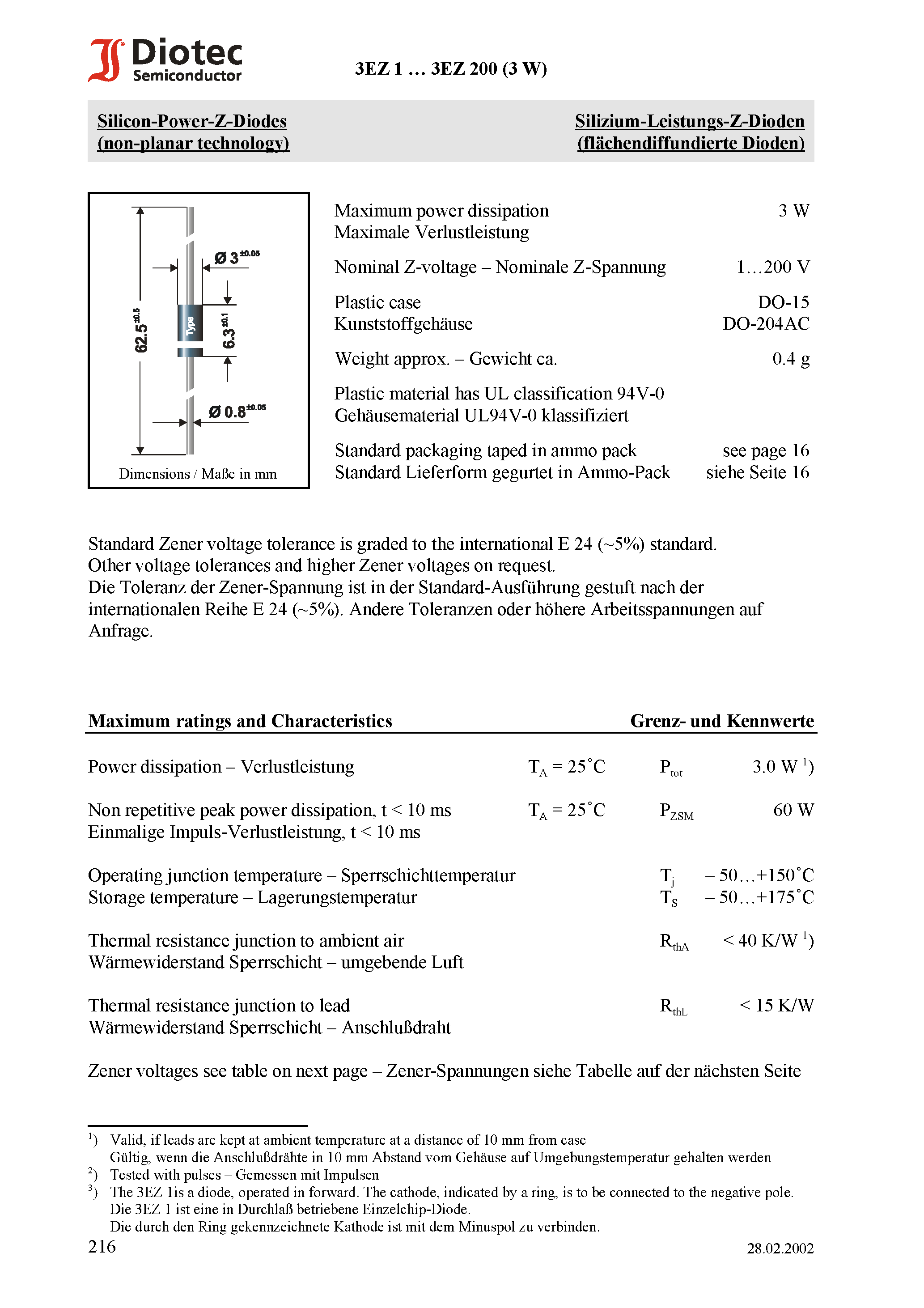 Datasheet 3EZ200 page 1 Datasheet 3EZ200 - Silicon-Power-Z-Diodes (non-planar technology) page 1