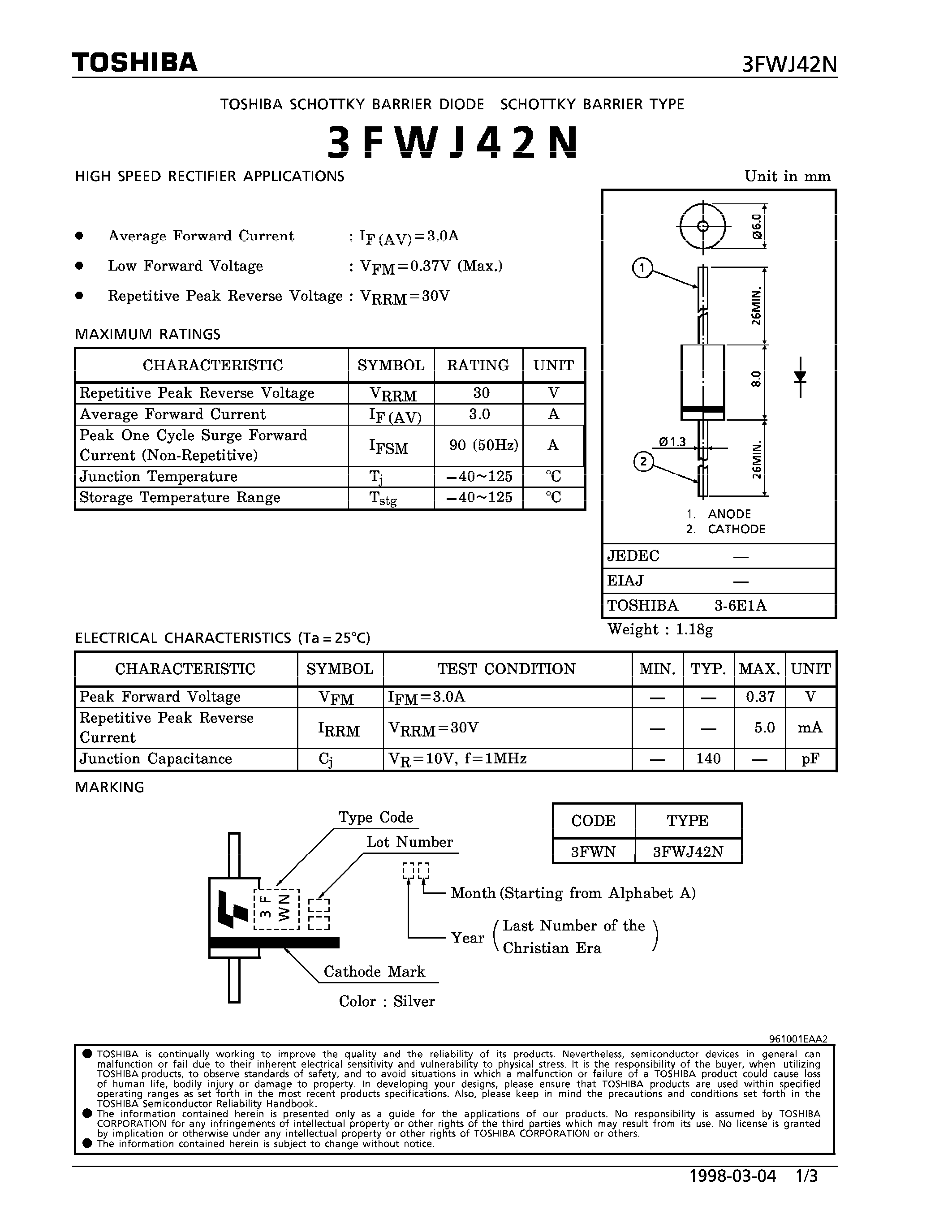 Datasheet 3FWJ42N - SCHOTTKY BARRIER DIODE (HIGH SPEED RECTIFIER APPLICATIONS) page 1