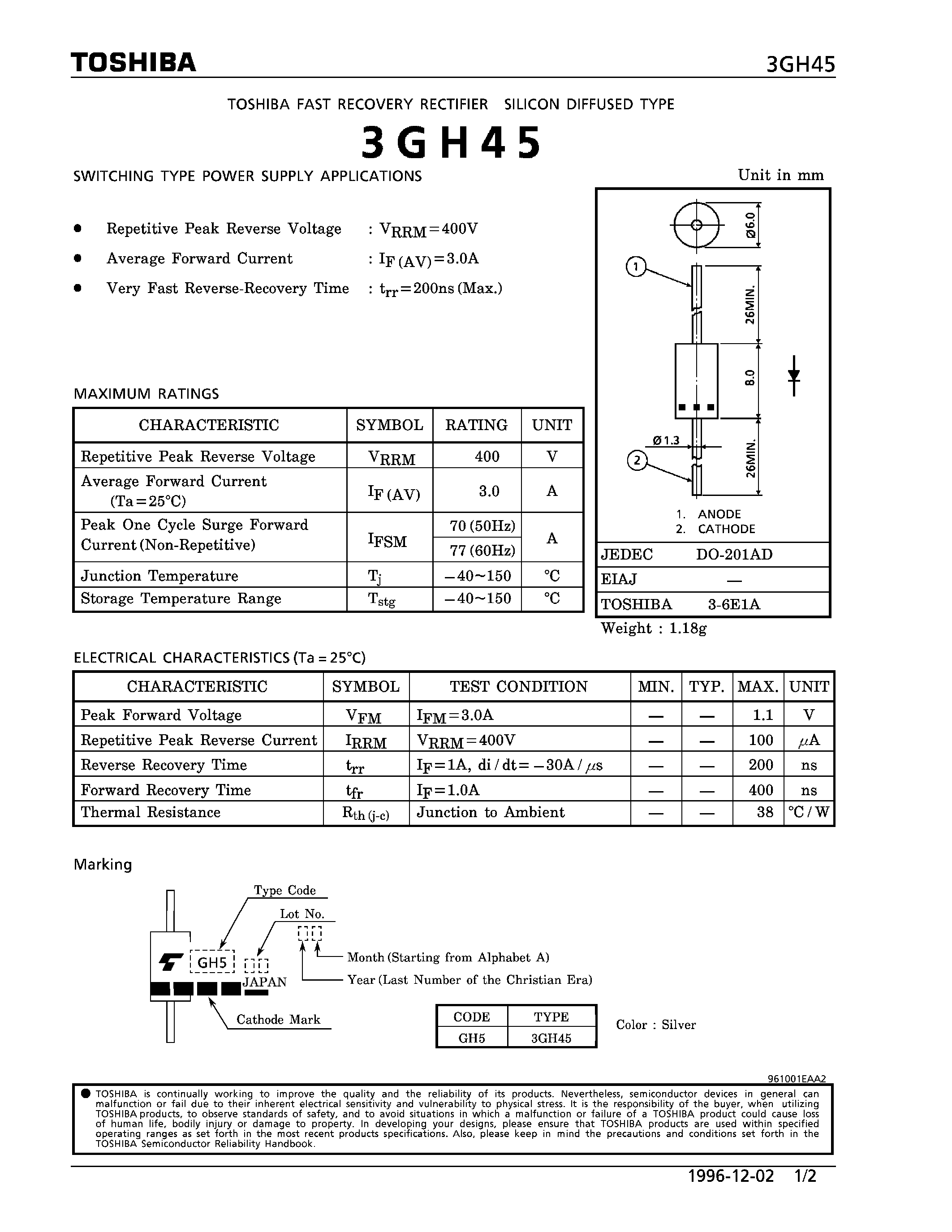 Даташит на микросхему 3GH45 страница 1 Даташит 3GH45 - SILICON DIFFUSED TYPE (SWITCHING TYPE POWER SUPPLY APPLICATIONS) страница 1