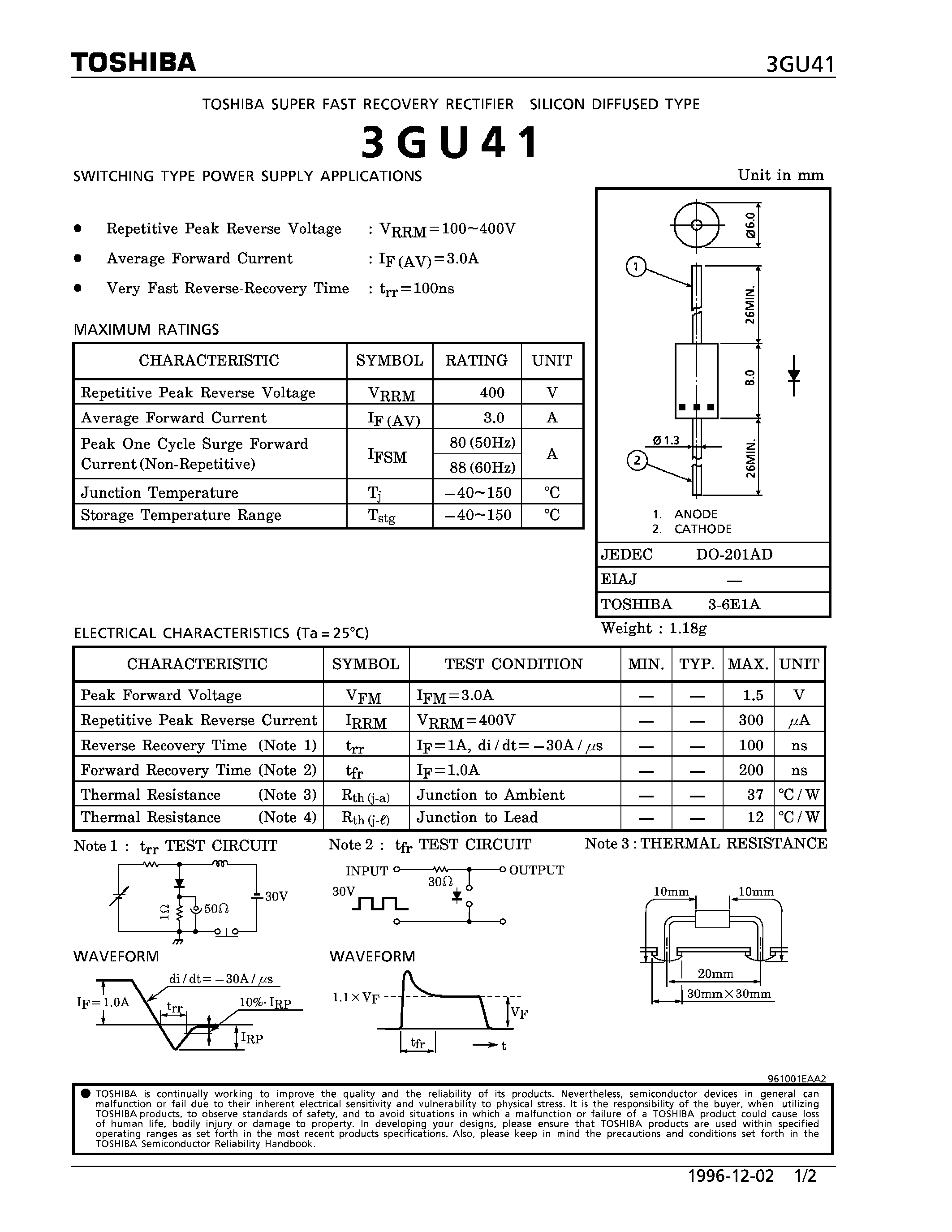 Даташит на микросхему 3GU41 страница 1 Даташит 3GU41 - SILICON DIFFUSED TYPE (SWITCHING TYPE POWER SUPPLY APPLICATIONS) страница 1