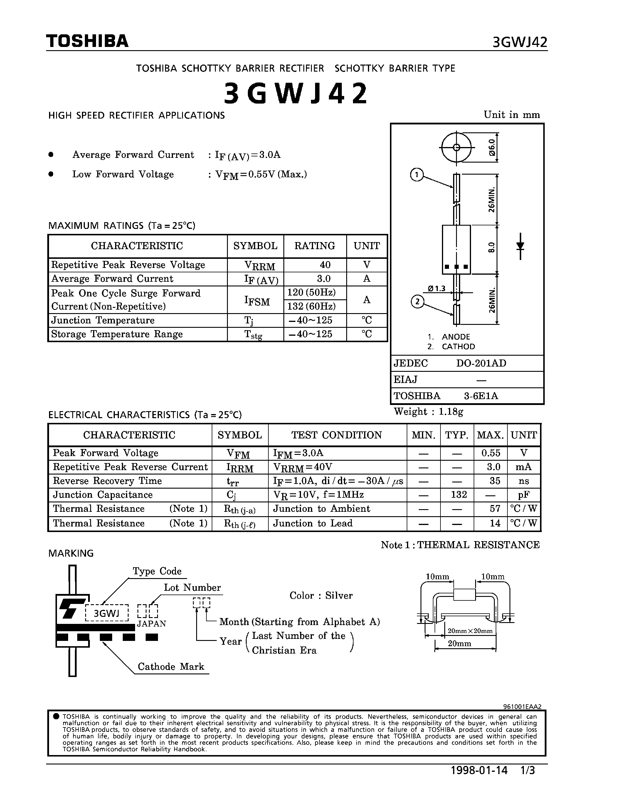 Datasheet 3GWJ42 page 1 Datasheet 3GWJ42 - SCHOTTKY BARRIER TYPE (HIGH SPEED RECTIFIER APPLICATIONS) page 1