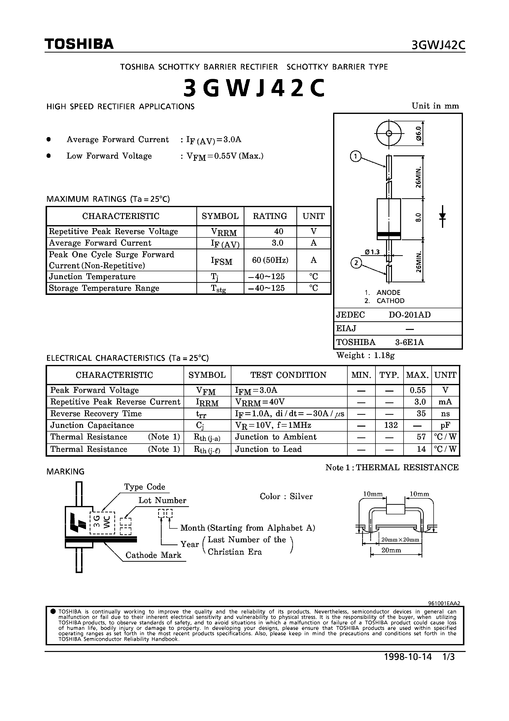 Datasheet 3GWJ42C - N SCHOTTKY BARRIEF TYPE (HIGH SPEED RECTIFIER APPLICATIONS) page 1