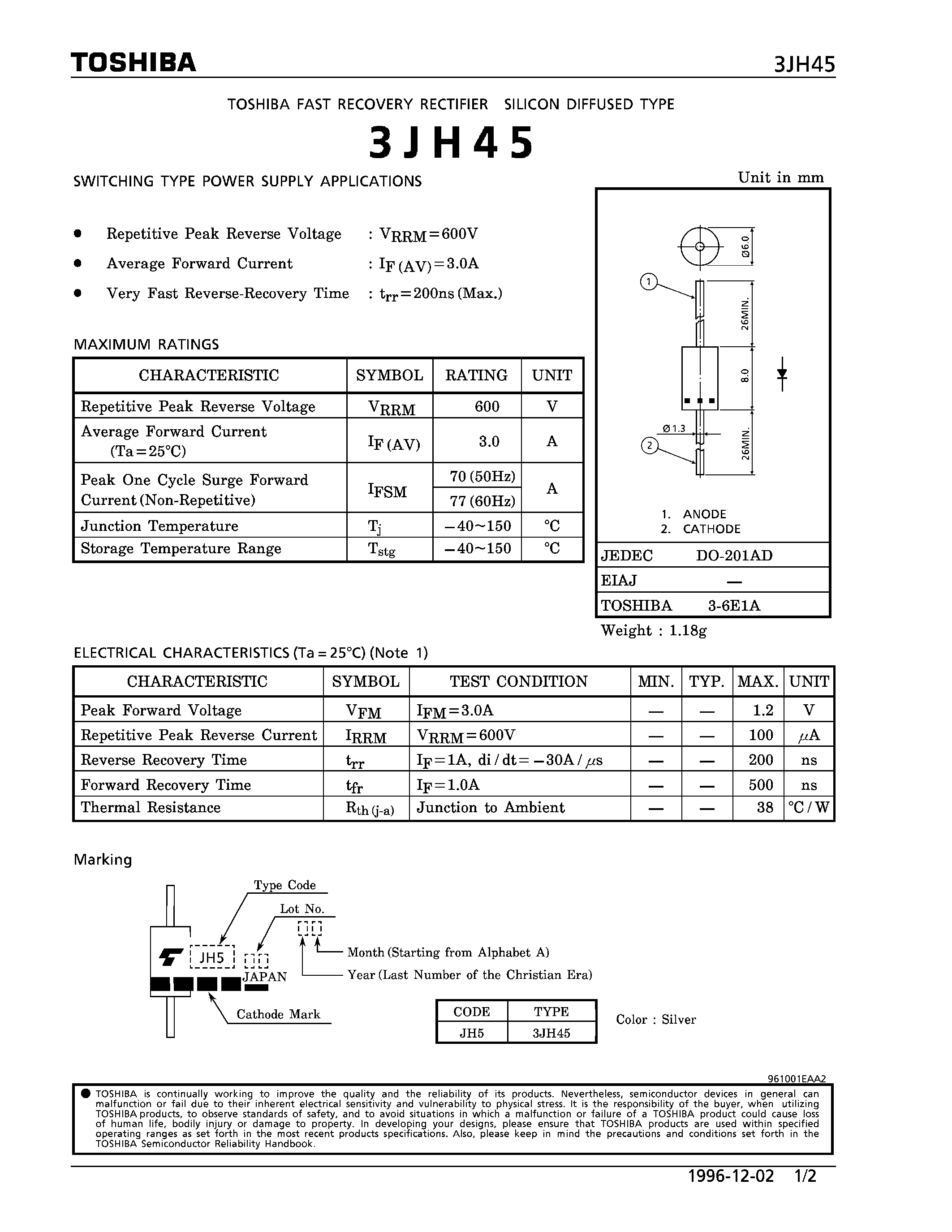 Даташит на микросхему 3JH45 страница 1 Даташит 3JH45 - SILICON DIFFUSED TYPE (SWITCHING TYPE POWER SUPPLY APPLICATIONS) страница 1