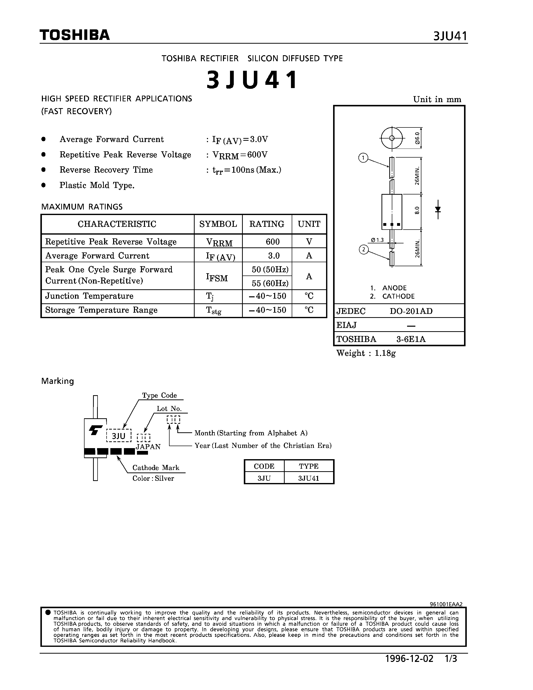 Datasheet 3JU41 page 1 Datasheet 3JU41 - SILICON DIFFUSED TYPE (HIGH SPEED RECTIFIER APPLICATIONS) page 1