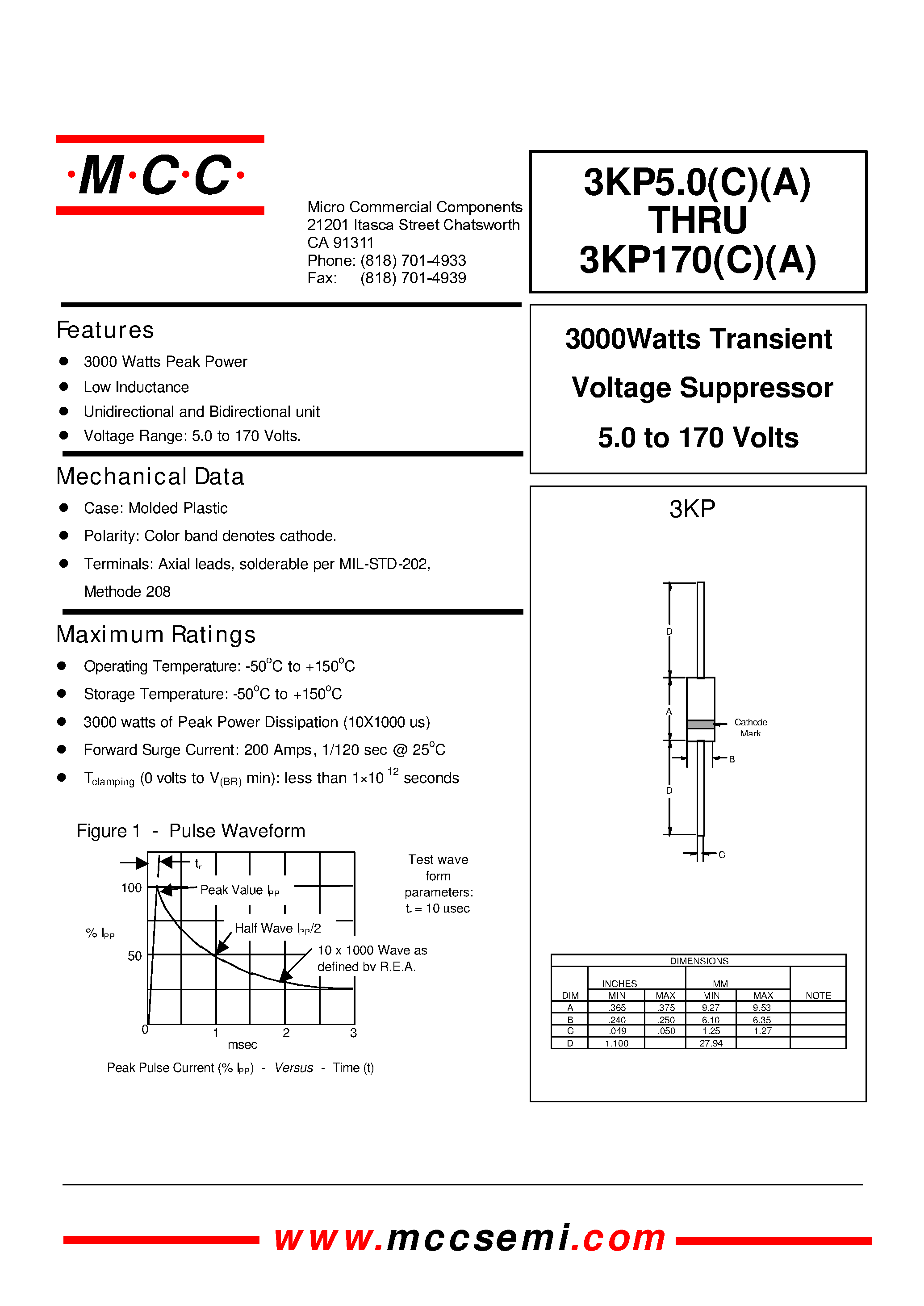 Datasheet 3KP10 - 3000Watts Transient Voltage Suppressor 5.0 to 170 Volts page 1