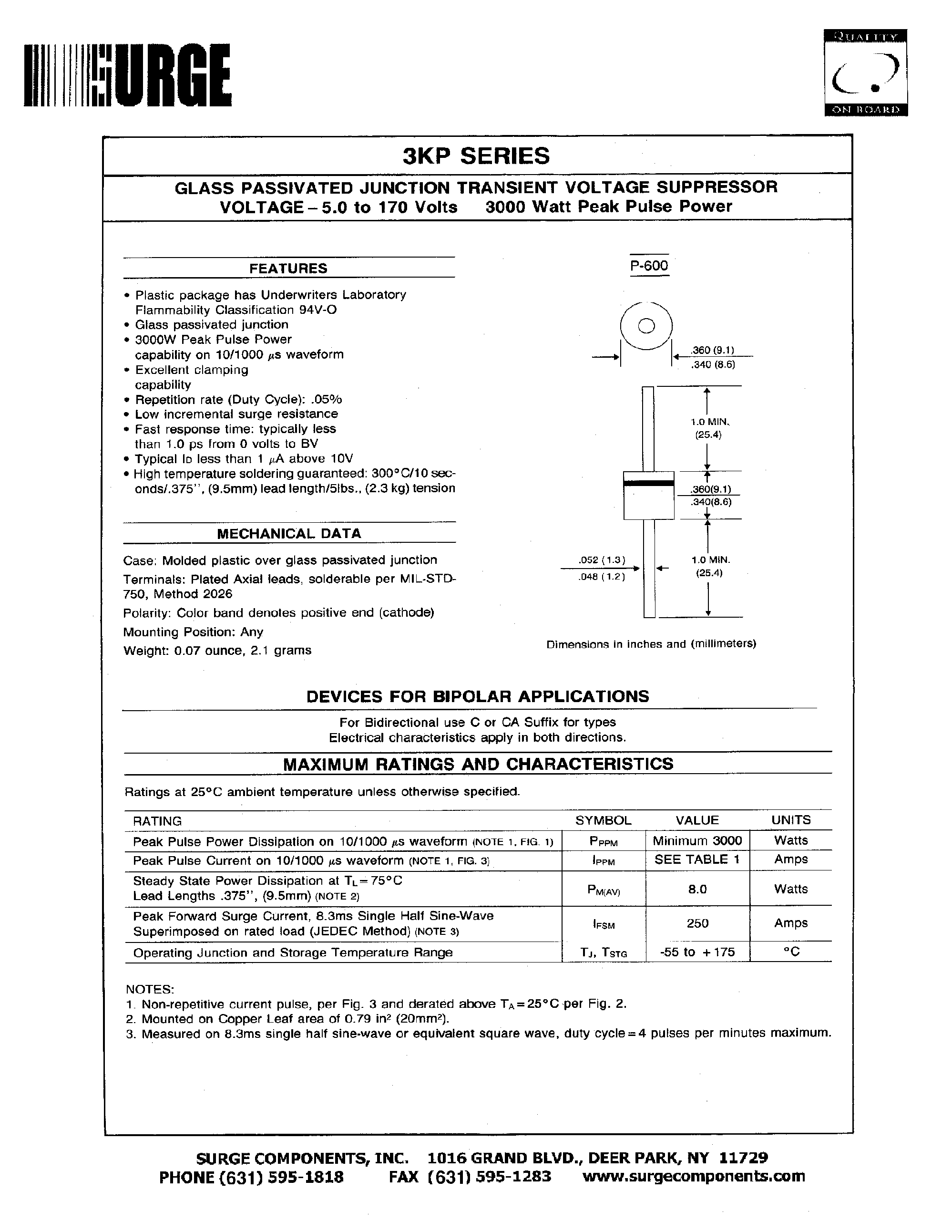 Datasheet 3KP51CA - GLASS PASSIVATED JUNCTION TRANSIENT VOLTAGE SUPPRESSOR VOLTAGE-5.0 to 170 Volts page 1