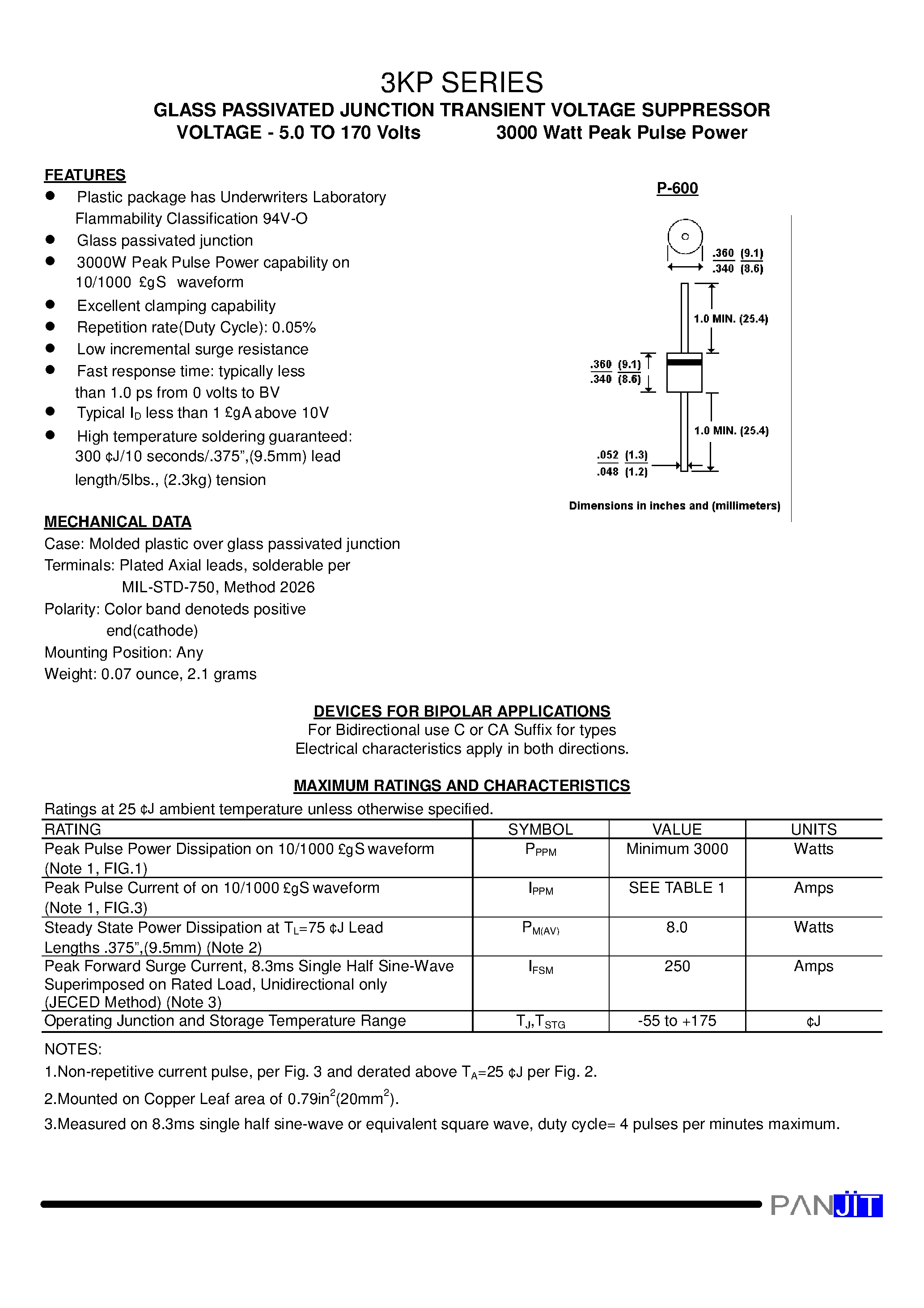 Datasheet 3KP85A - GLASS PASSIVATED JUNCTION TRANSIENT VOLTAGE SUPPRESSOR(VOLTAGE - 5.0 TO 170 Volts 3000 Watt Peak Pulse Power) page 1