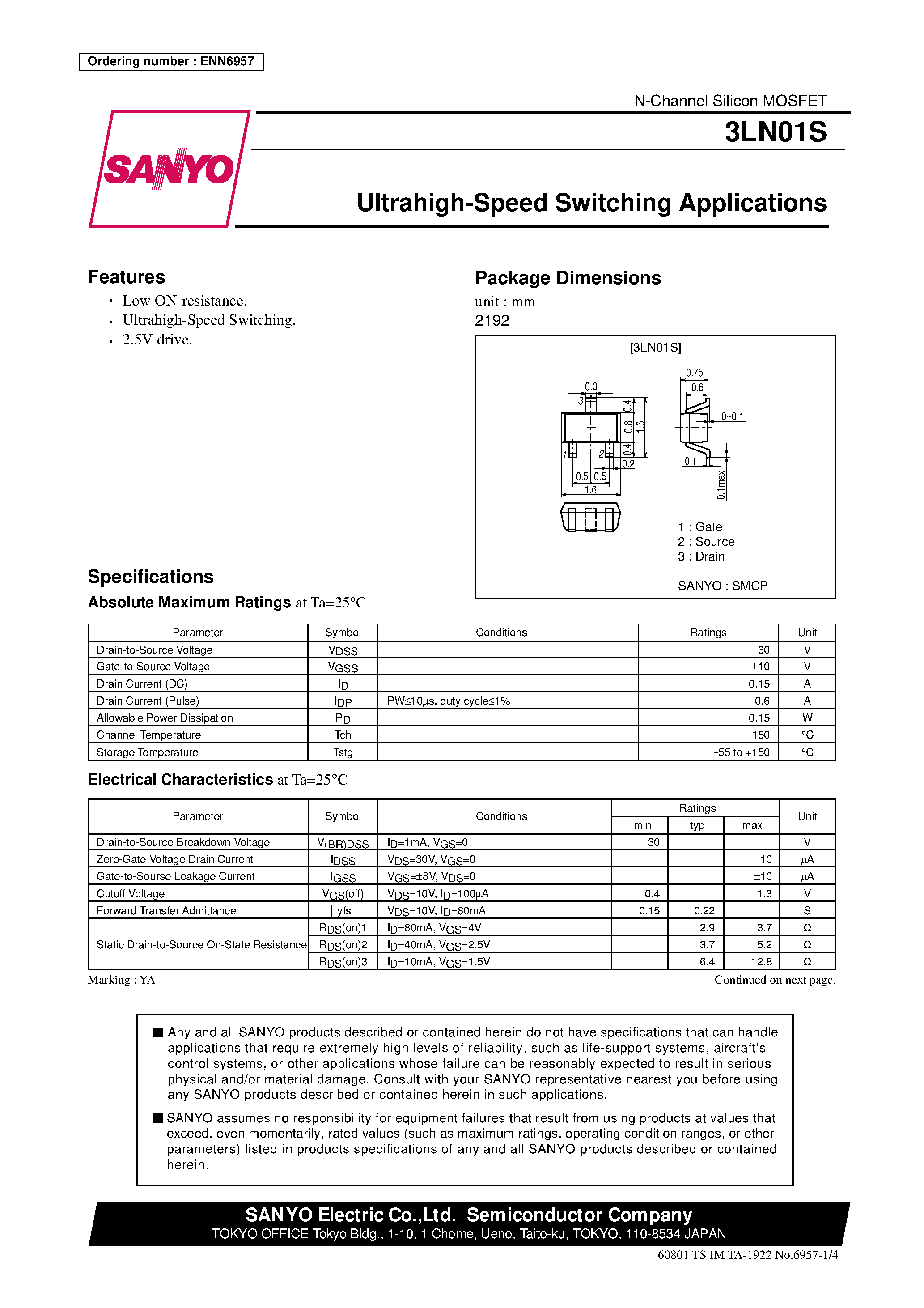 Даташит 3LN01S - Ultrahigh-Speed Switching Applications страница 1