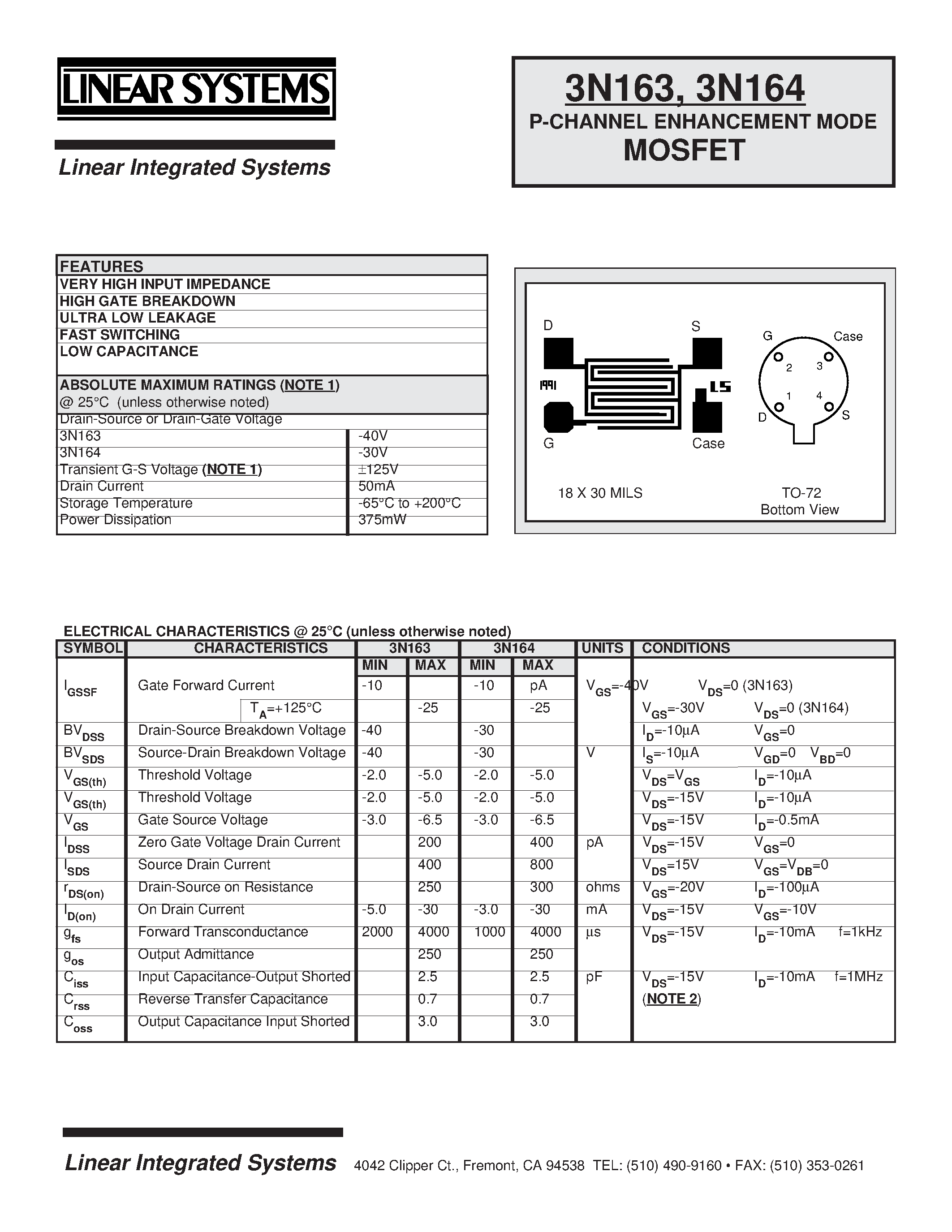 Datasheet 3N163-4 - P-CHANNEL ENHANCEMENT MODE page 1