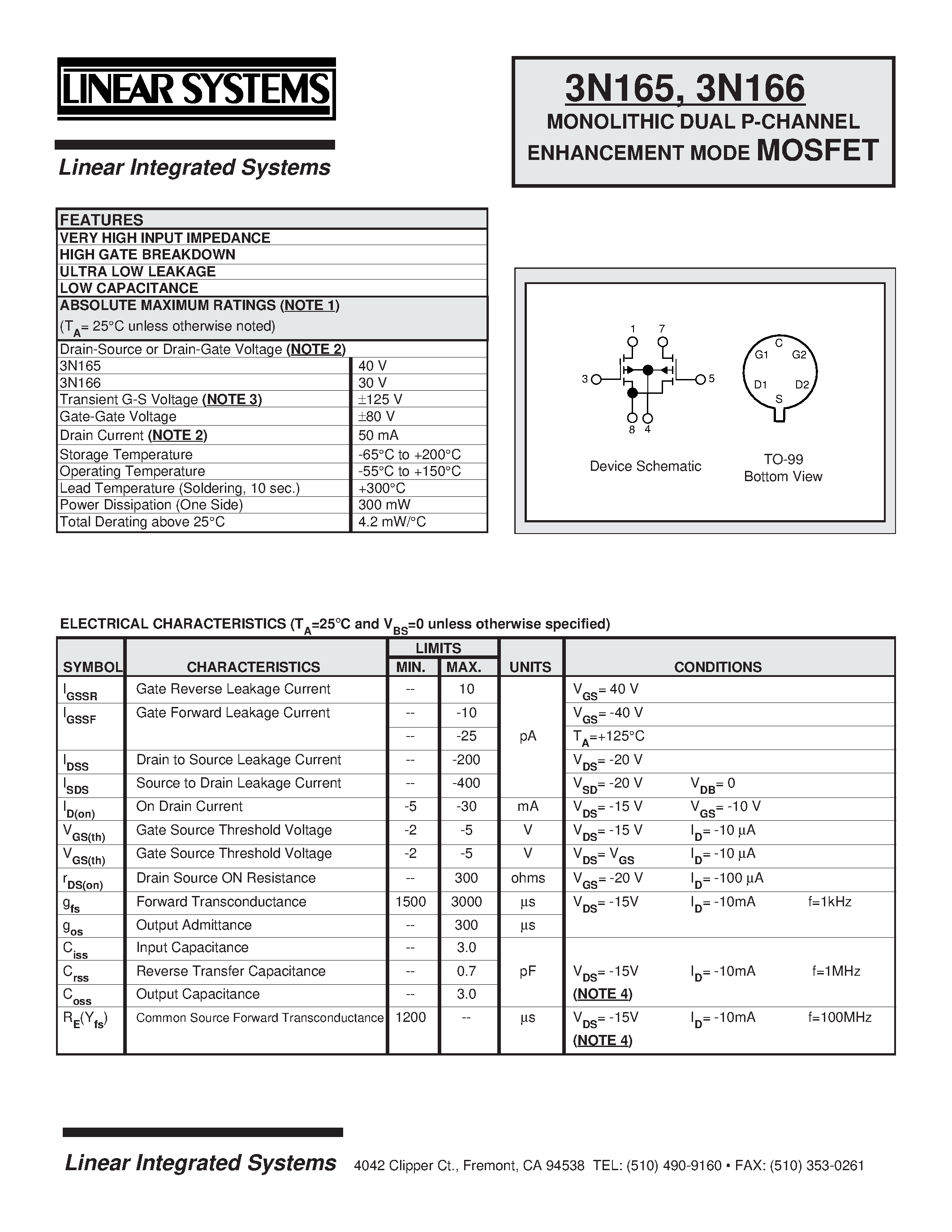Datasheet 3N165 - MONOLITHIC DUAL P-CHANNEL ENHANCEMENT MODE MOSFET page 1