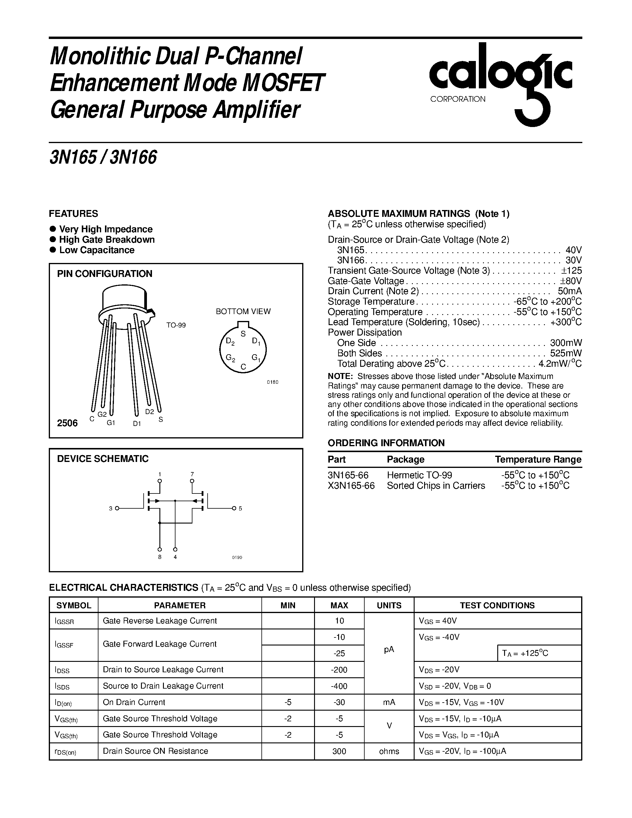 Datasheet 3N166 - Monolithic Dual P-Channel Enhancement Mode MOSFET General Purpose Amplifier page 1