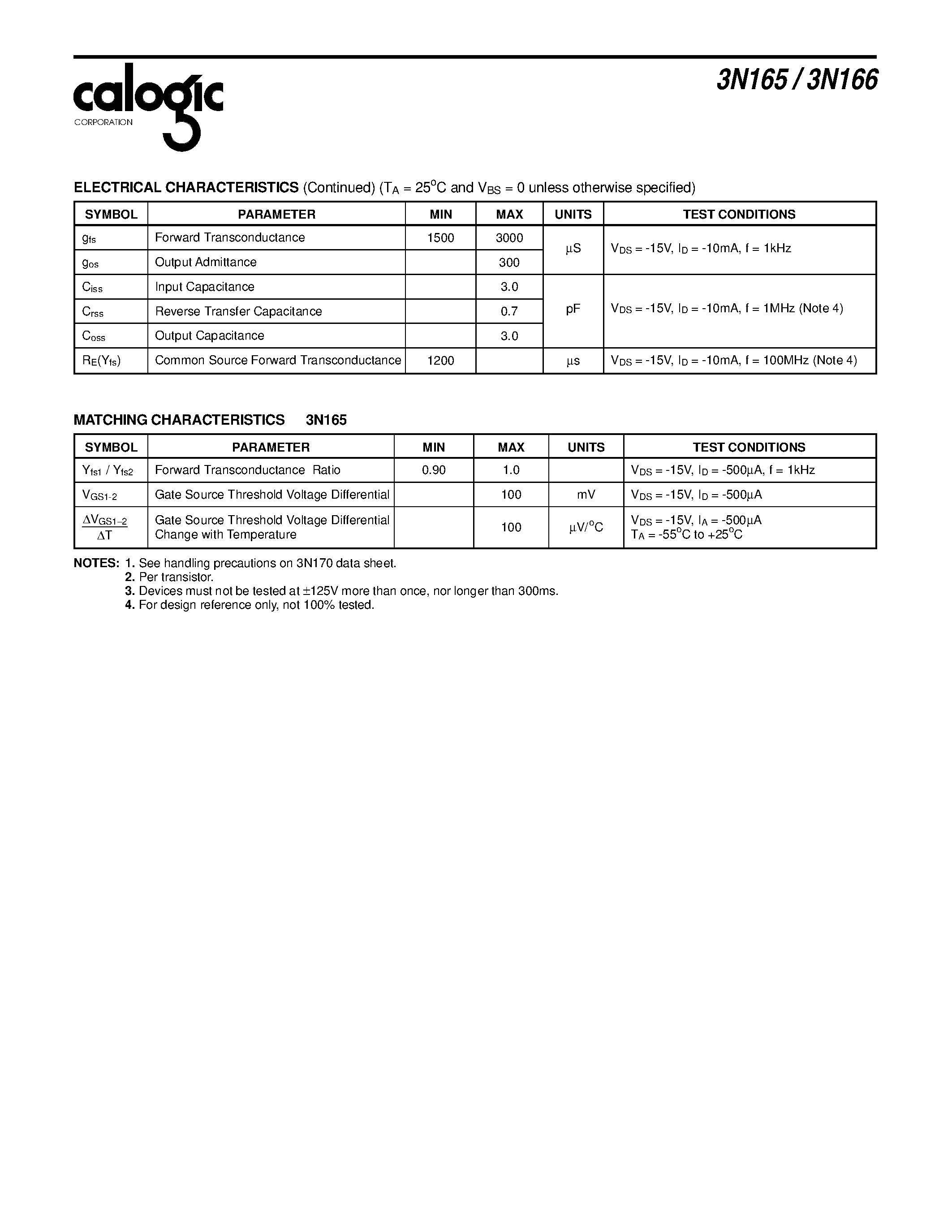 Datasheet 3N166 - Monolithic Dual P-Channel Enhancement Mode MOSFET General Purpose Amplifier page 2