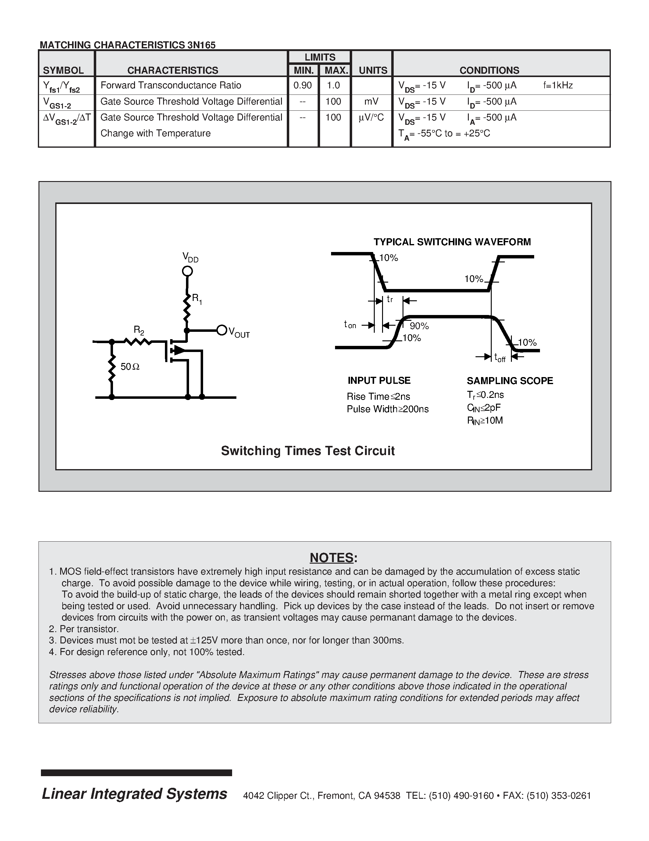 Datasheet 3N166 - MONOLITHIC DUAL P-CHANNEL ENHANCEMENT MODE MOSFET page 2