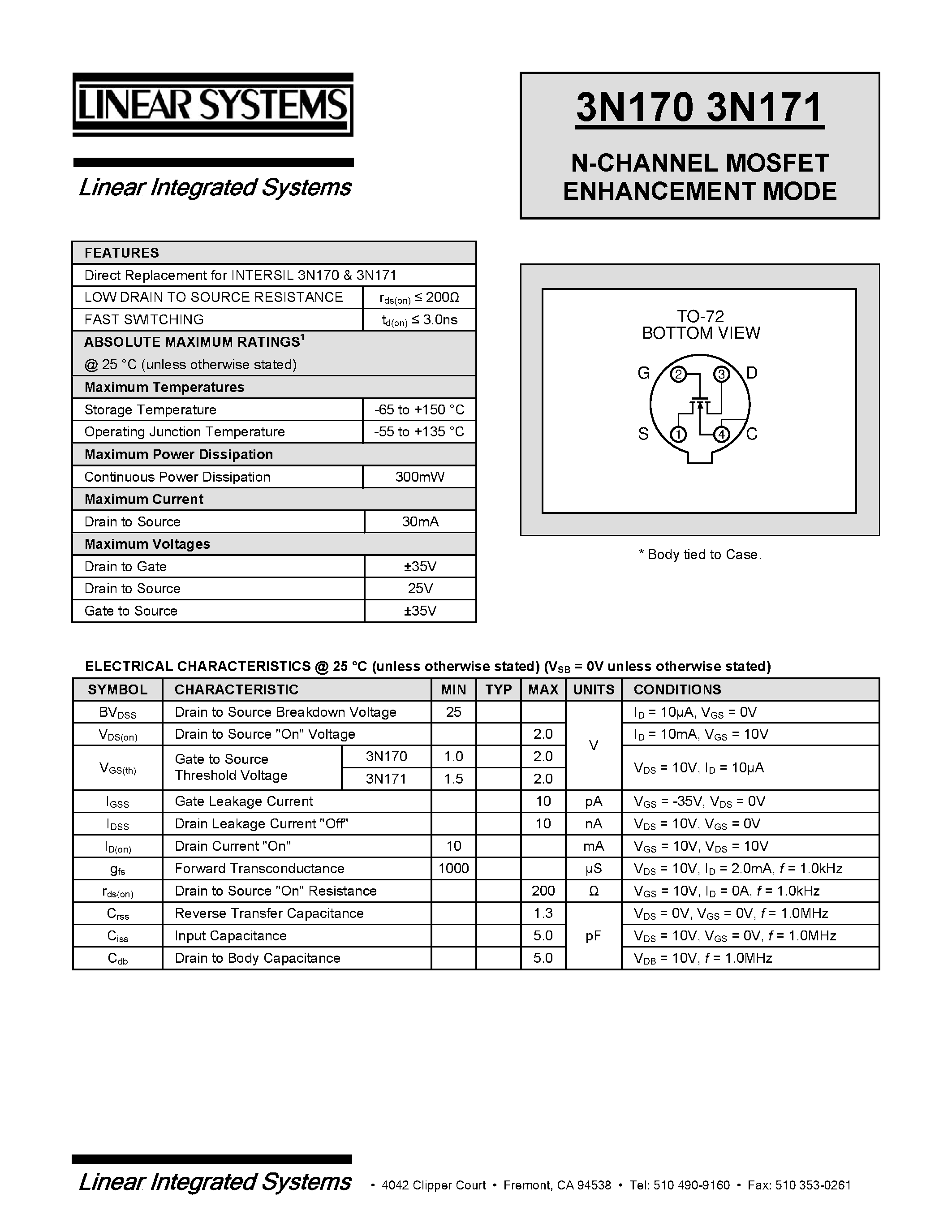 Даташит на микросхему 3N171 страница 1 Даташит 3N171 - N-CHANNEL MOSFET ENHANCEMENT MODE страница 1