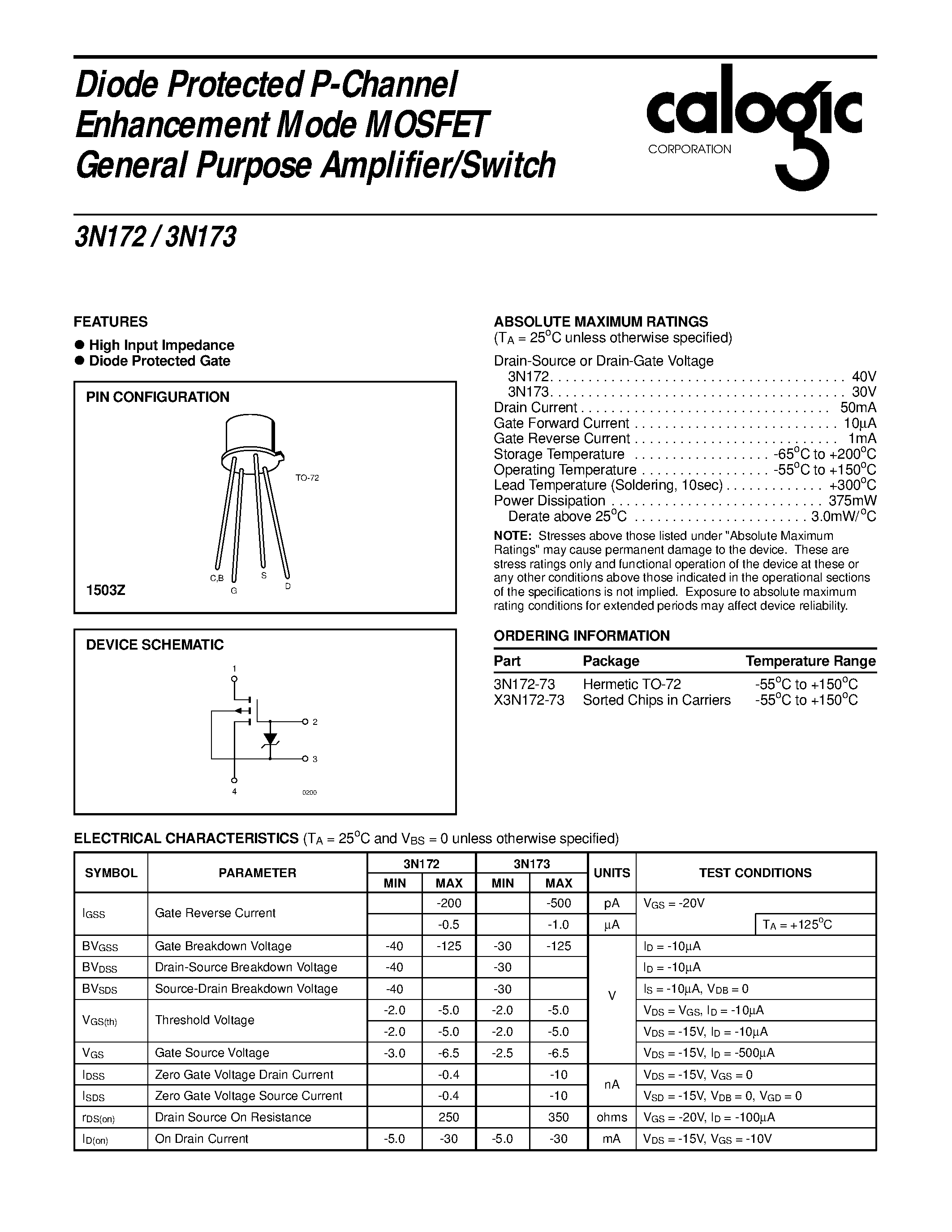 Datasheet 3N173 - Diode Protected P-Channel Enhancement Mode MOSFET General Purpose Amplifier/Switch page 1