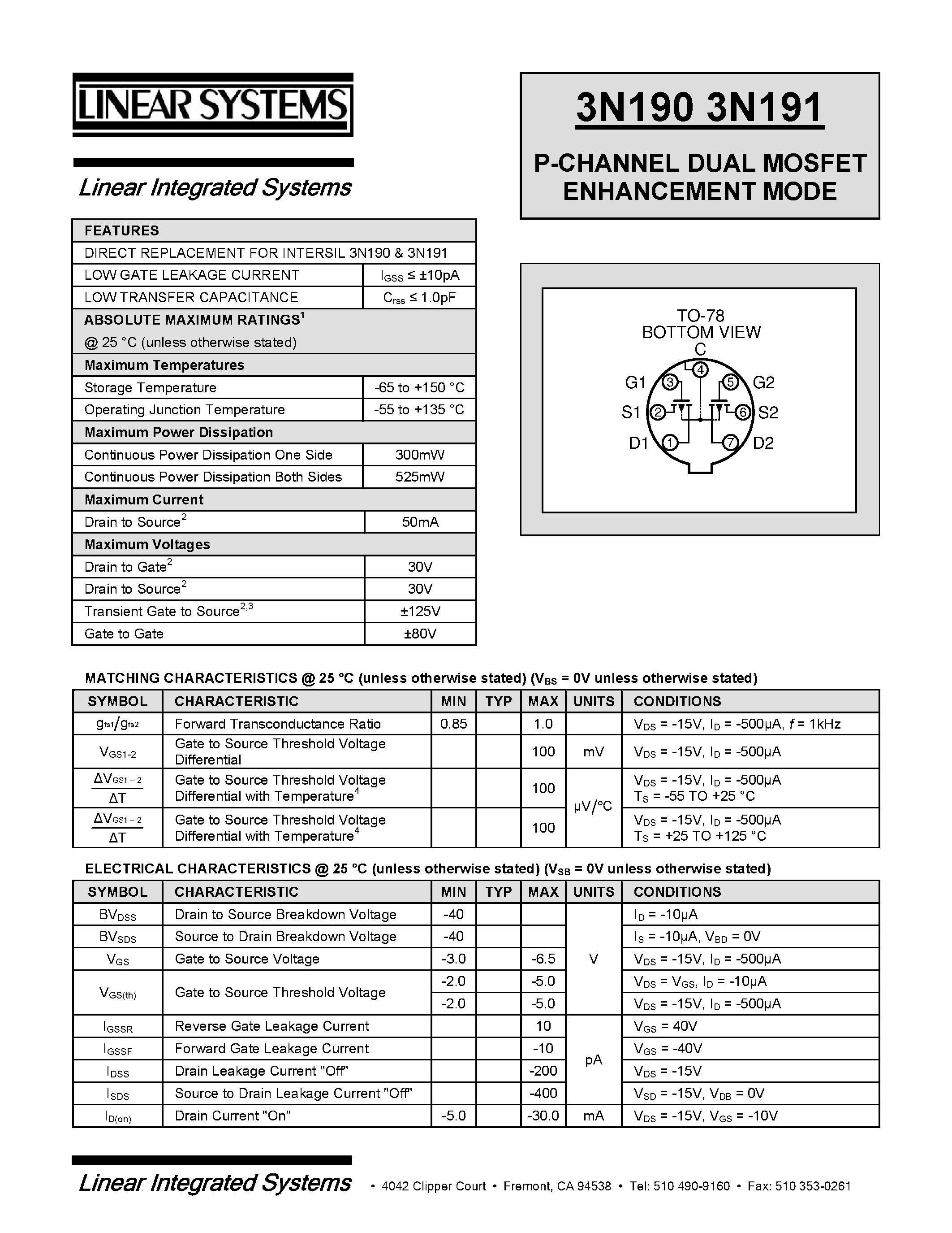 Datasheet 3N190-1 - P-CHANNEL DUAL MOSFET ENHANCEMENT MODE page 1
