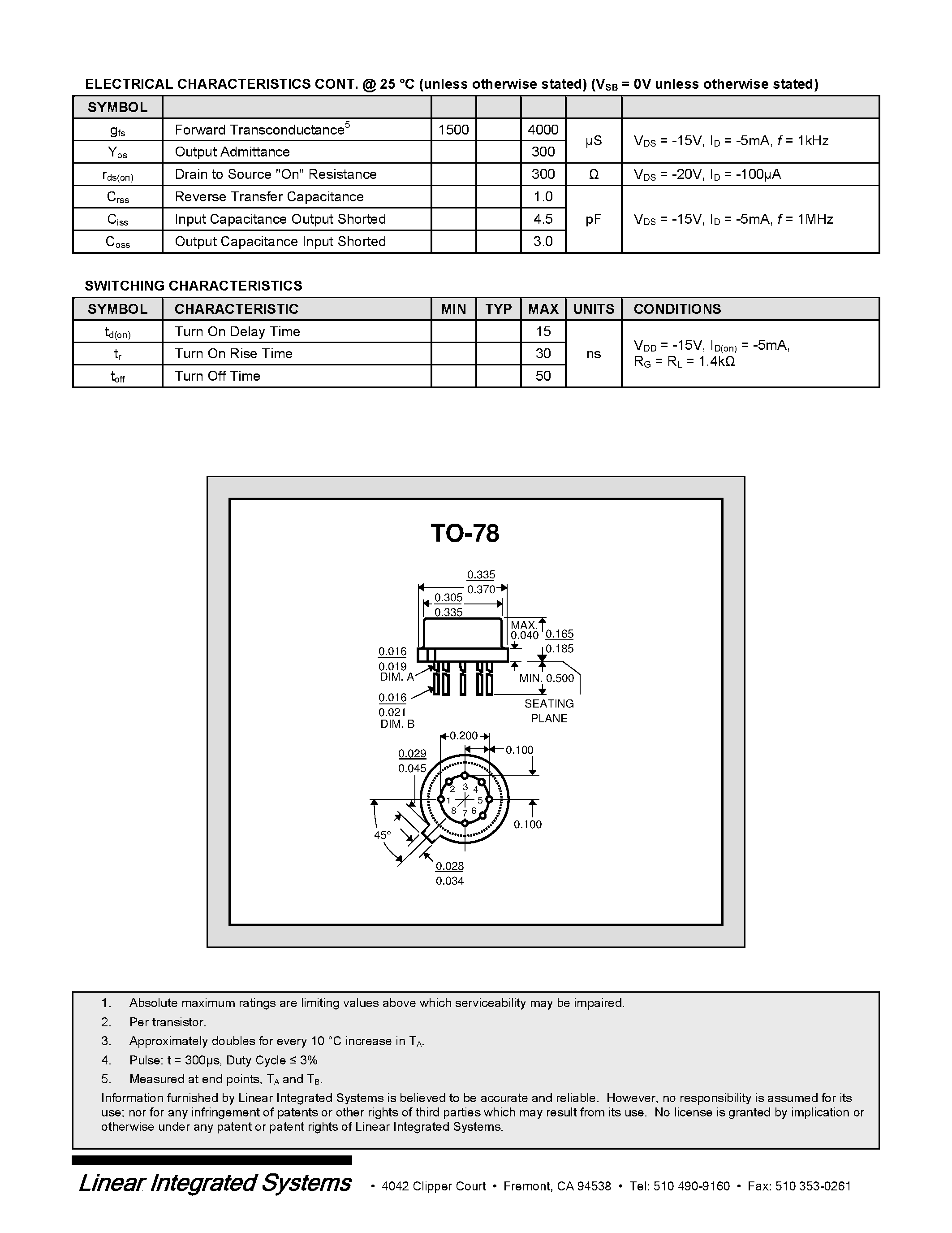 Datasheet 3N190-1 - P-CHANNEL DUAL MOSFET ENHANCEMENT MODE page 2