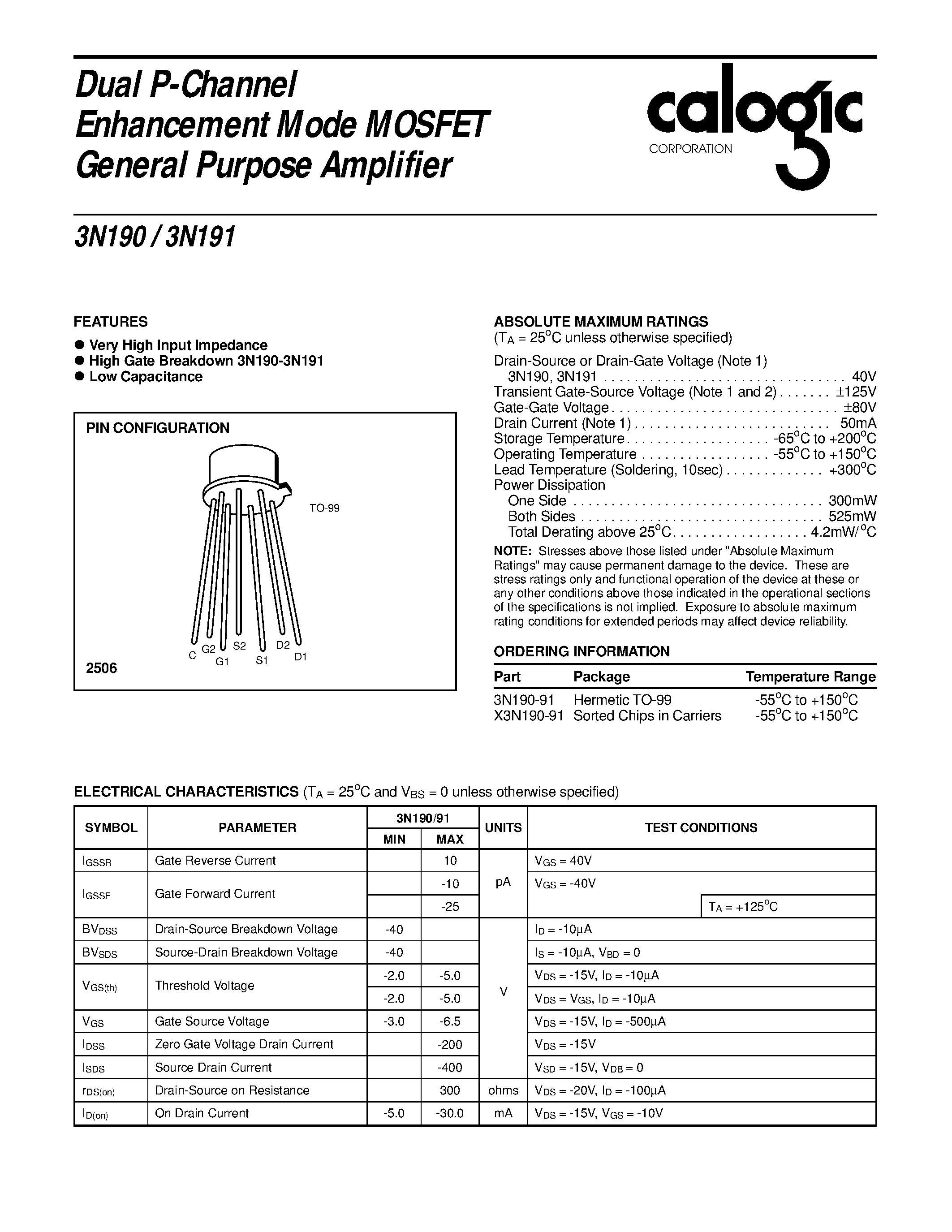 Datasheet 3N190-91 - Dual P-Channel Enhancement Mode MOSFET General Purpose Amplifier page 1
