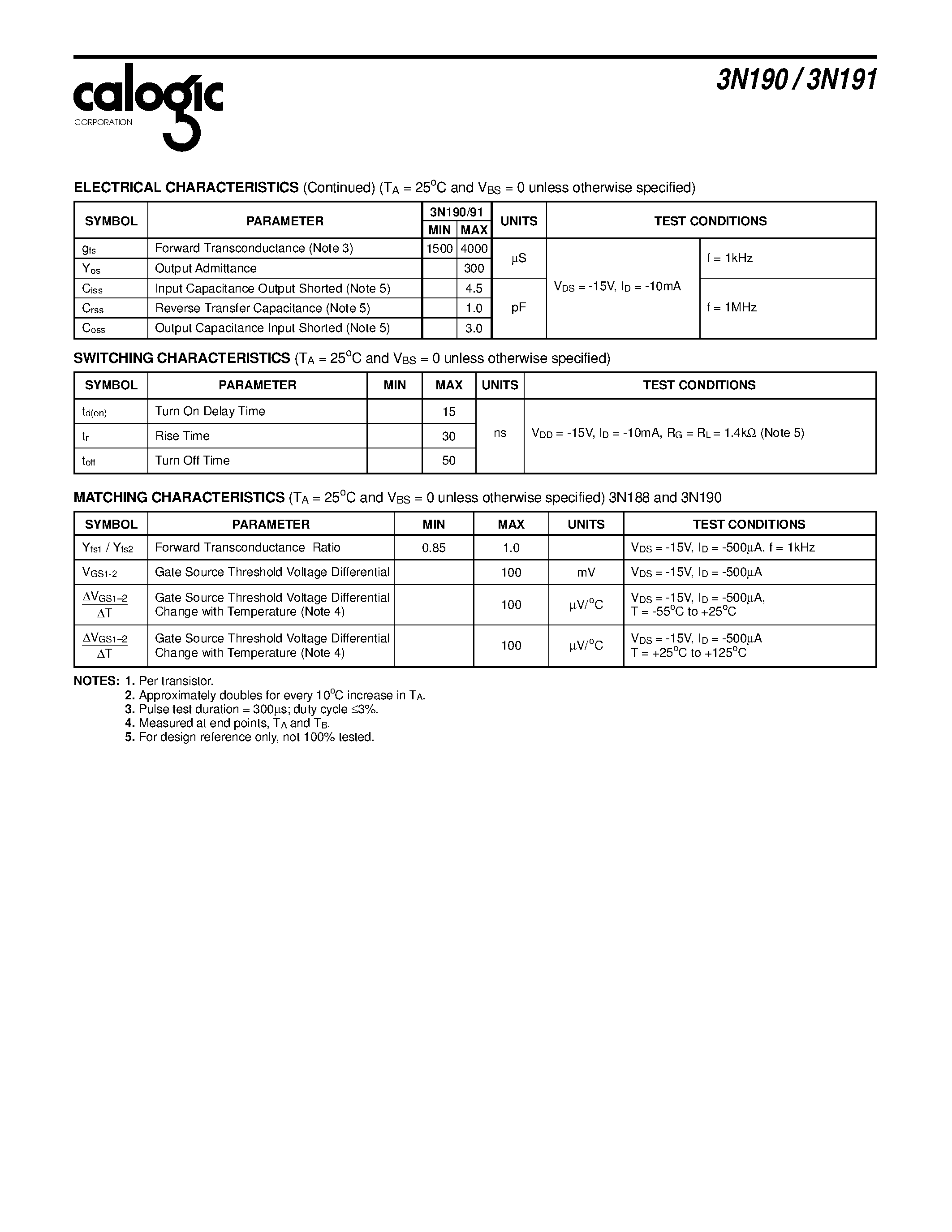 Datasheet 3N190-91 - Dual P-Channel Enhancement Mode MOSFET General Purpose Amplifier page 2