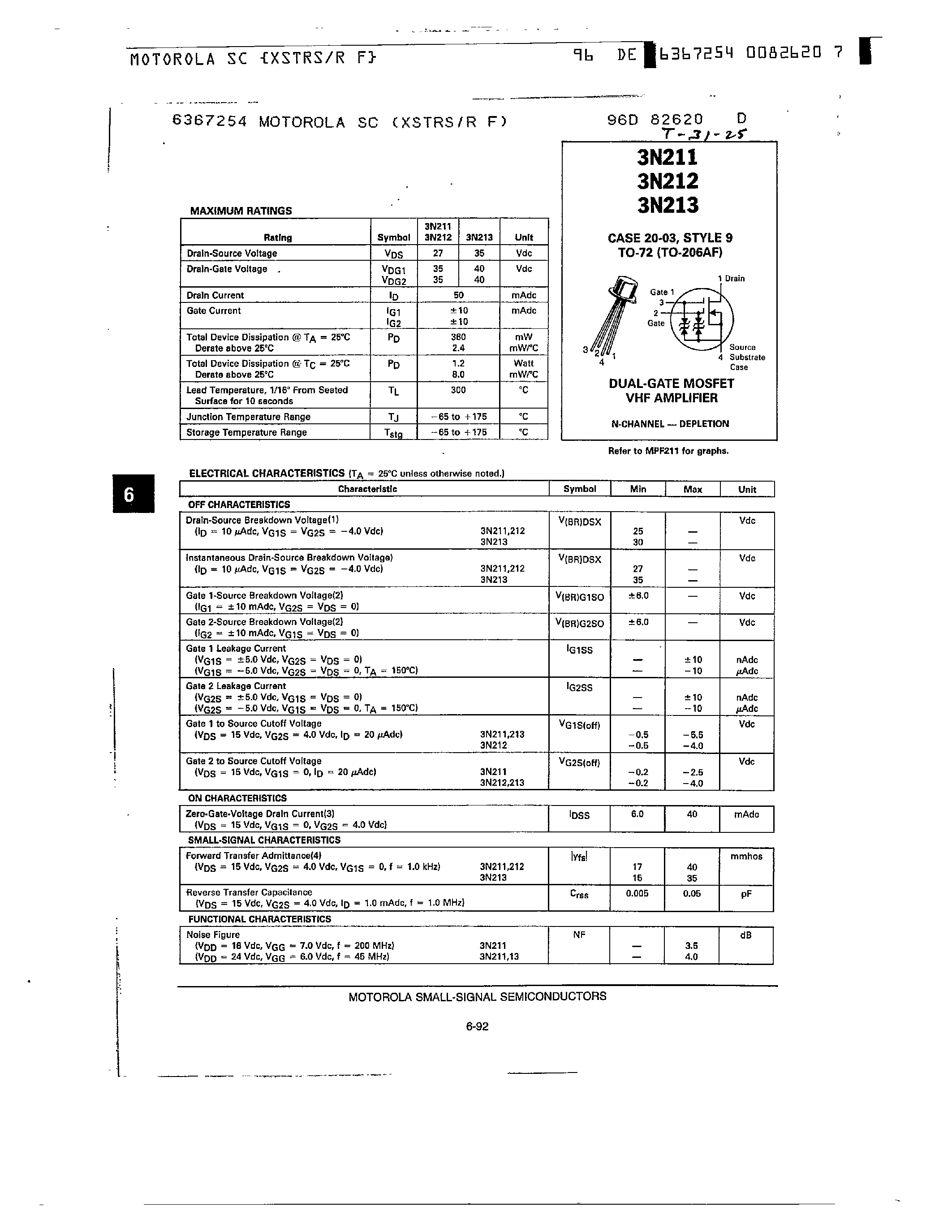 Даташит на микросхему 3N212 страница 1 Даташит 3N212 - Dual Gate Mosfet VHF Amplifier(N-Channel/ Depletion) страница 1