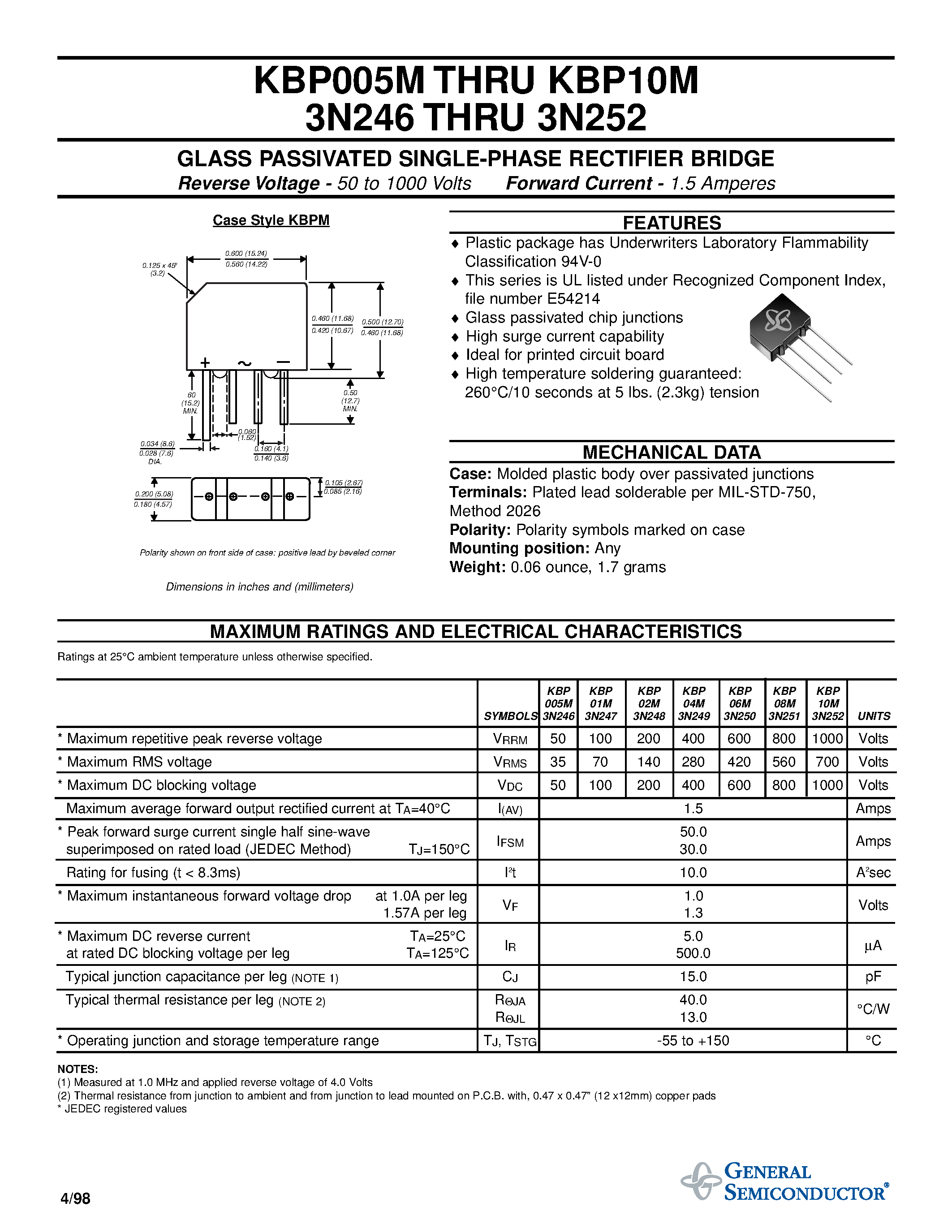 Datasheet 3N248 page 1 Datasheet 3N248 - GLASS PASSIVATED SINGLE-PHASE RECTIFIER BRIDGE page 1