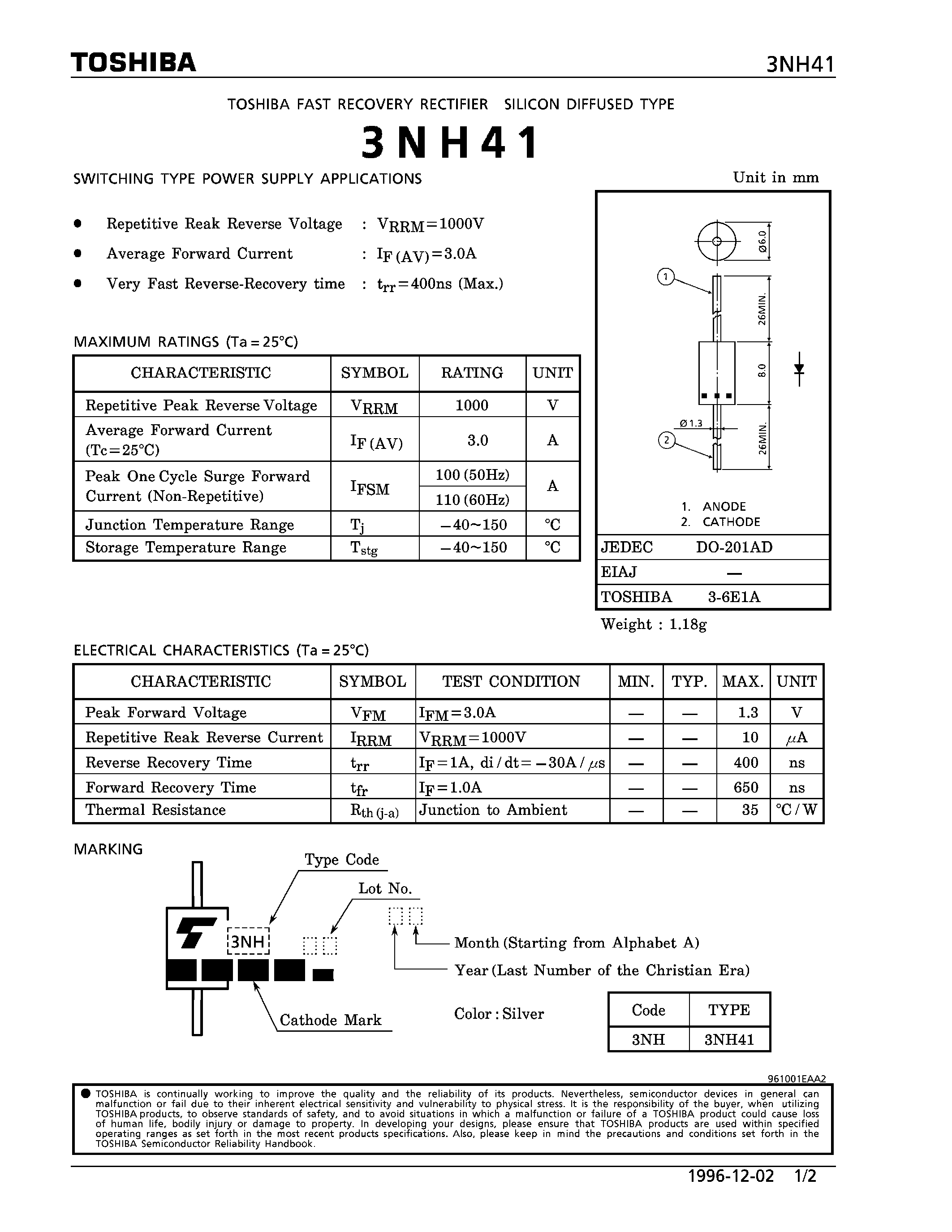 Даташит на микросхему 3NH41 страница 1 Даташит 3NH41 - SILICON DIFFUSED TYPE (SWITCHING TYPE POWER SUPLY APPLICATIONS) страница 1