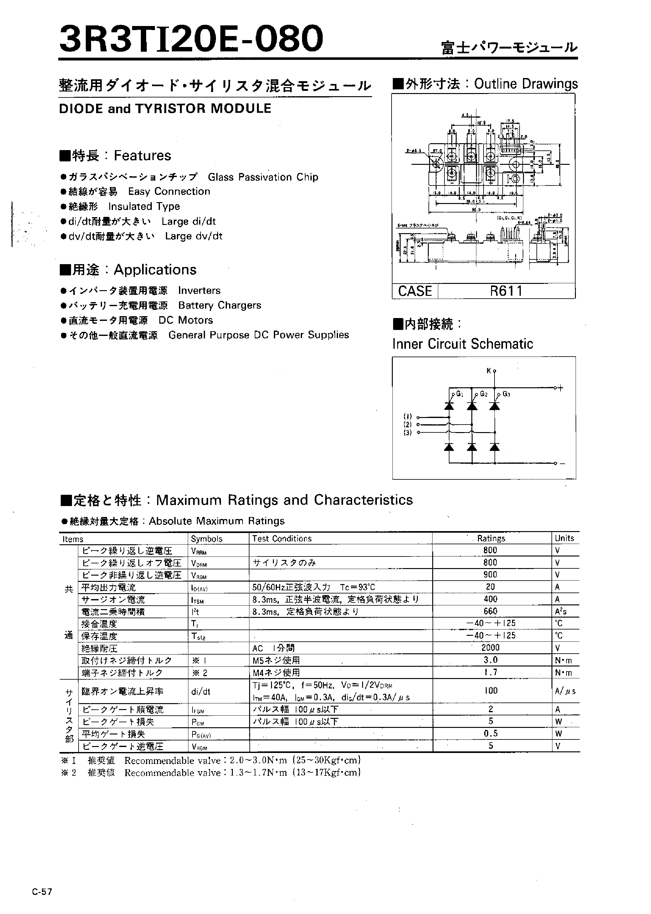 Datasheet 3RTI20E-080 page 1 Datasheet 3RTI20E-080 - DIODE and TYRISTOR MODULE page 1