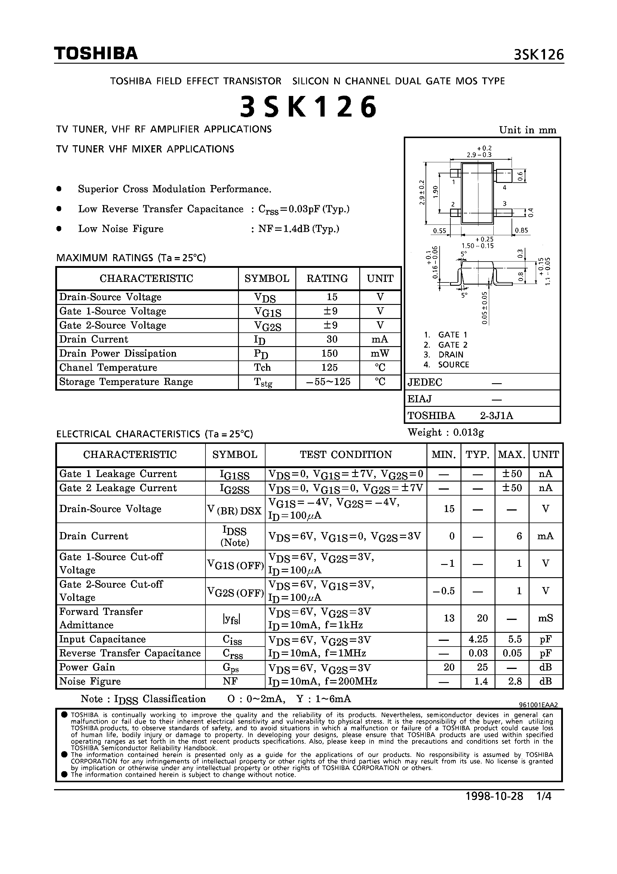 Datasheet 3SK126 - N CHANNEL DUAL GATE MOS TYPE (TY TUNER/ VHF RF AMPLIFIER/ TV TUNER VHF MIXER APPLICATIONS) page 1