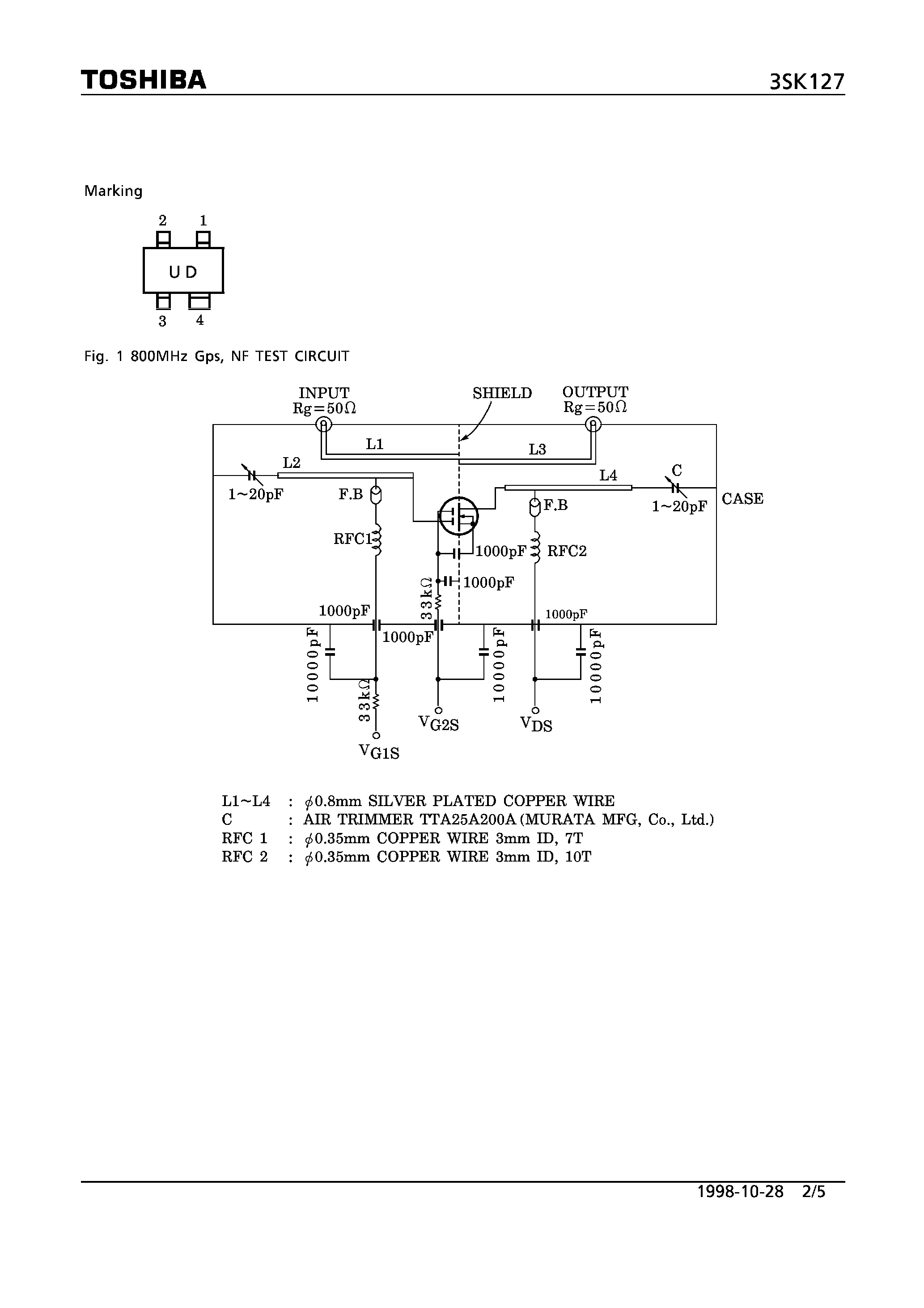 Datasheet 3SK127 - N CHANNEL DUAL GATE MOS TYPE (TV TUNER/ UHF RF AMPLIFIER/ UHF MIXER APPLICATIONS) page 2