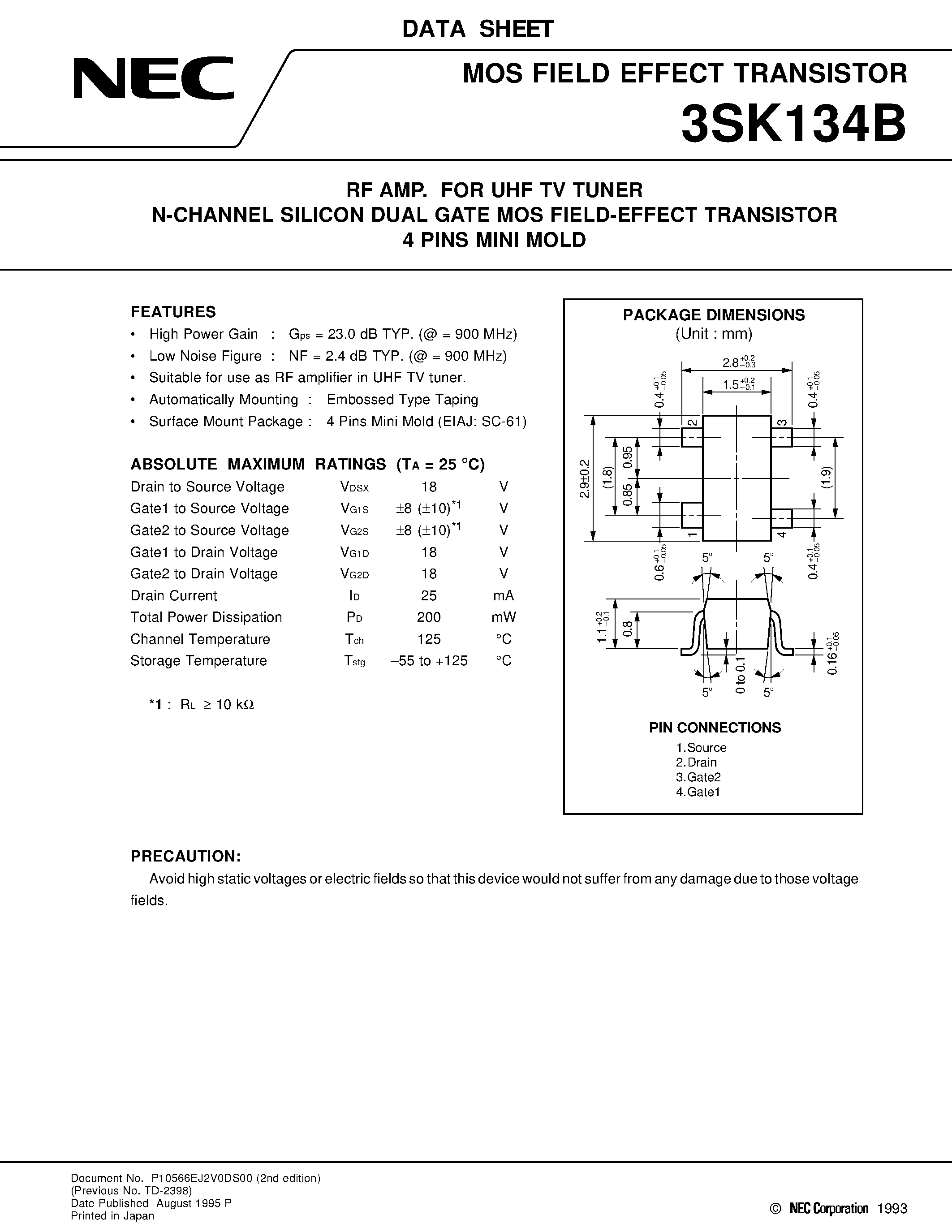 Datasheet 3SK134B - RF AMP. FOR UHF TV TUNER N-CHANNEL SILICON DUAL GATE MOS FIELD-EFFECT TRANSISTOR 4 PINS MINI MOLD page 1