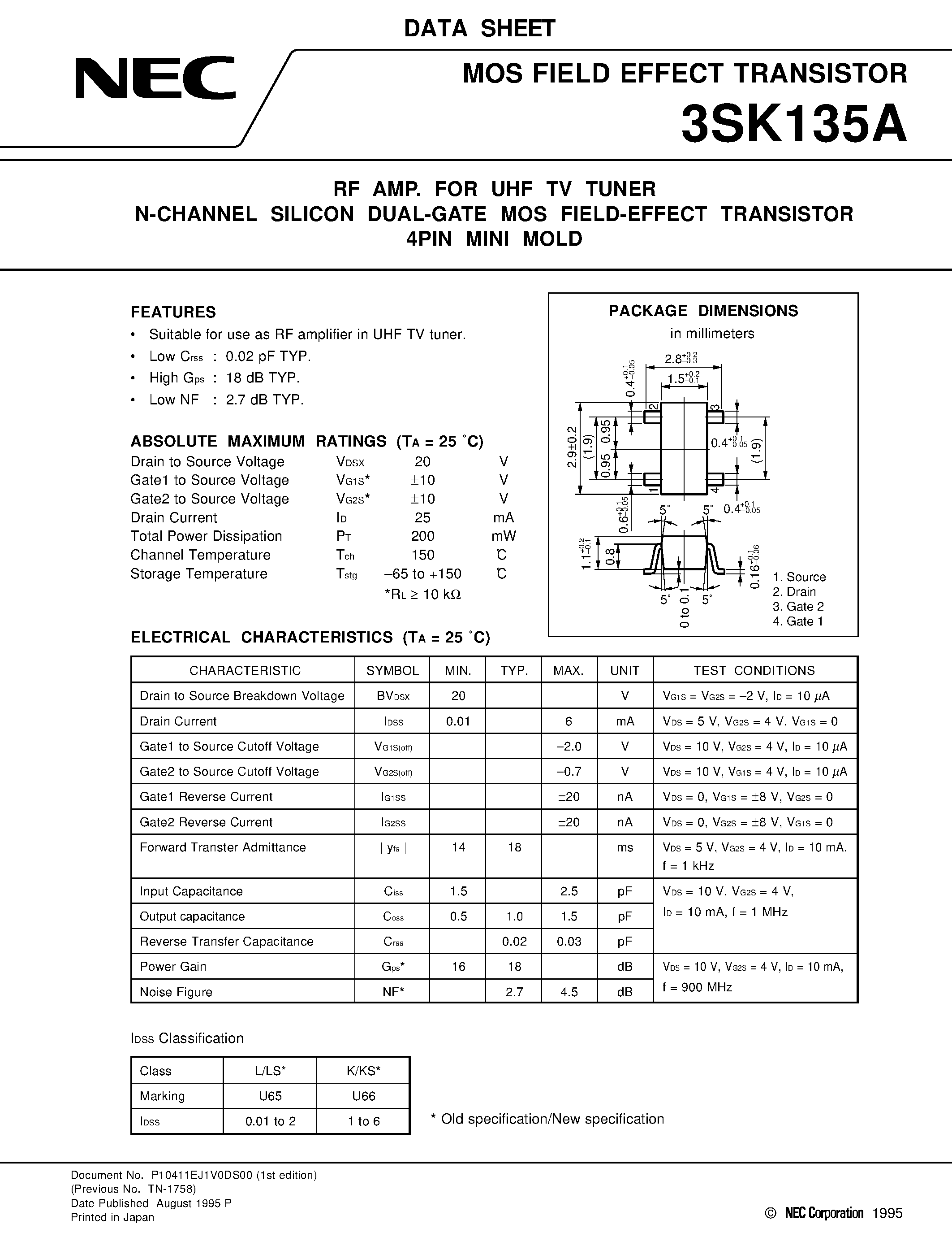 Datasheet 3SK135A - RF AMP. FOR UHF TV TUNER N-CHANNEL SILICON DUAL-GATE MOS FIELD-EFFECT TRANSISTOR 4PIN MINI MOLD page 1