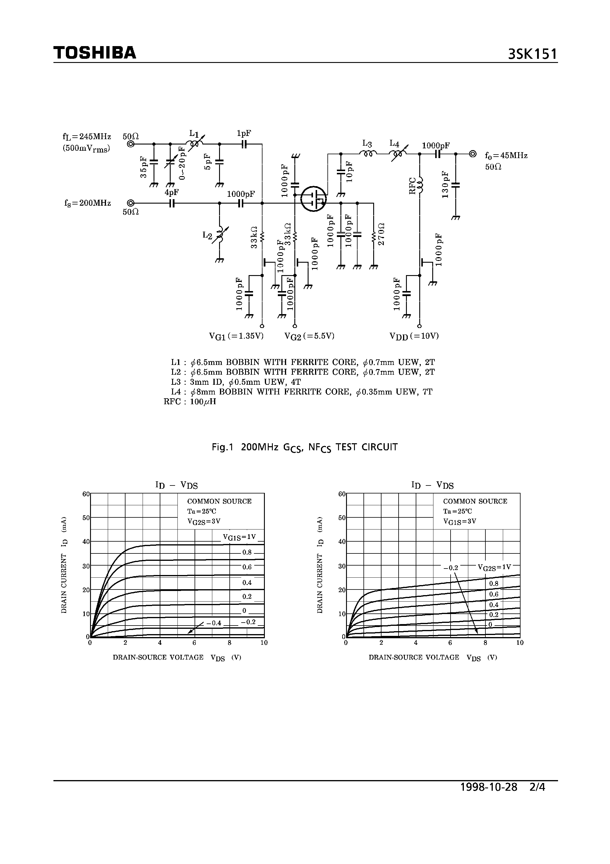 Даташит на микросхему 3SK151 страница 2 Даташит 3SK151 - N CHANNEL DUAL GATE MOS TYPE (TV TYNER VHF MIXER/ VHF RF AMPLIFIER APPLICATIONS) страница 2