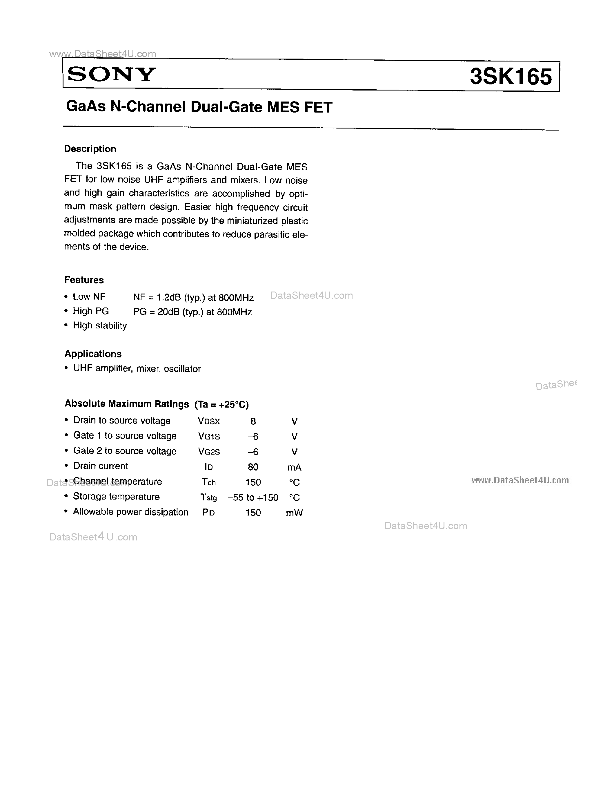 Datasheet 3SK165 - GaAs N-channel Dual Gate MES FET page 1