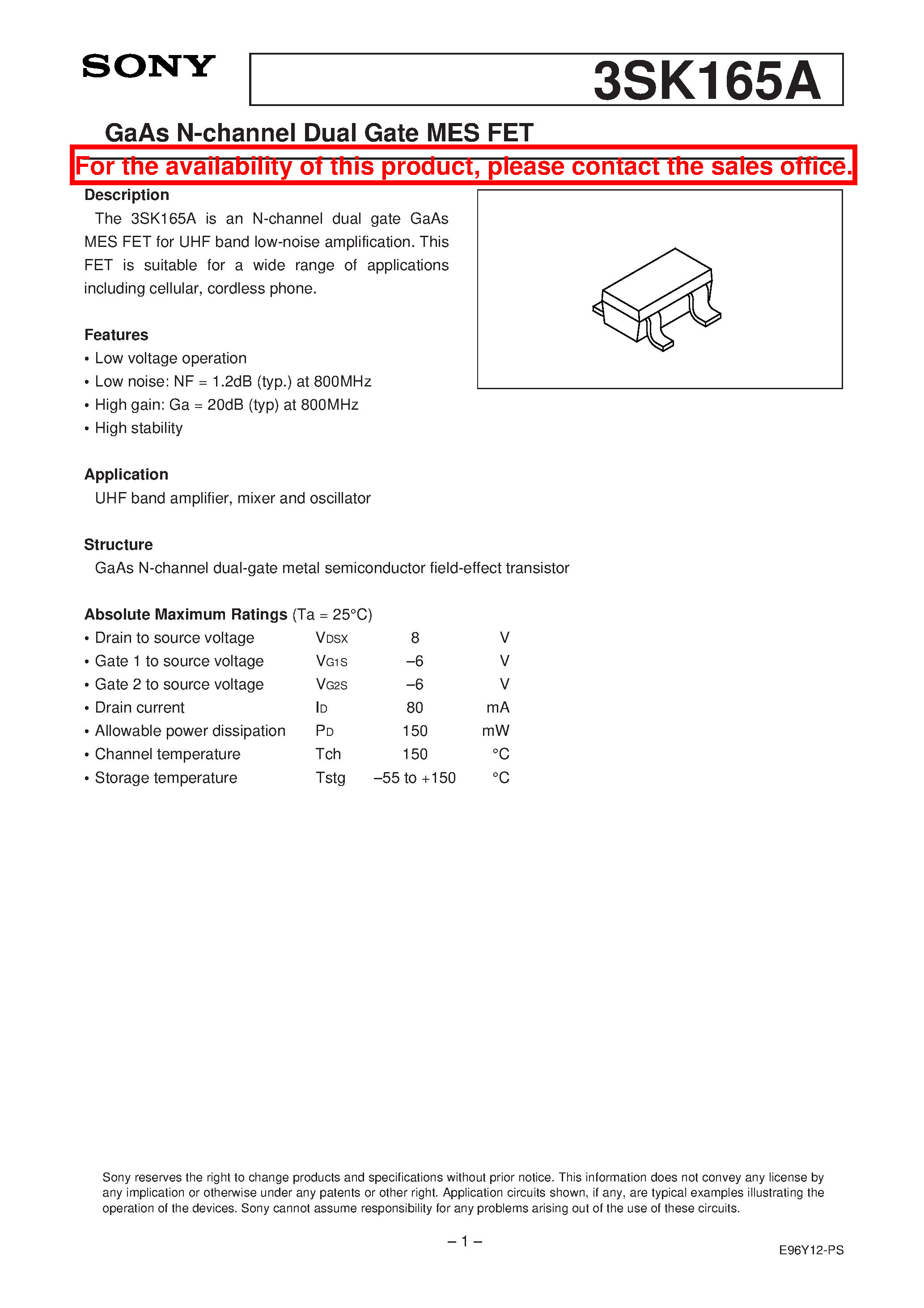 Datasheet 3SK165A - GaAs N-channel Dual Gate MES FET page 1