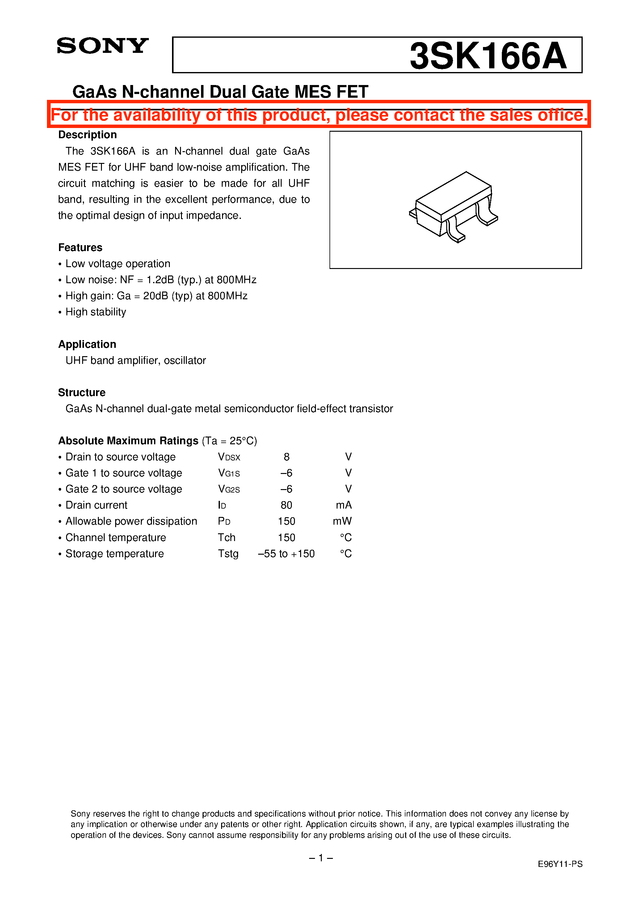 Даташит 3SK166A-0 - GaAs N-channel Dual Gate MES FET страница 1