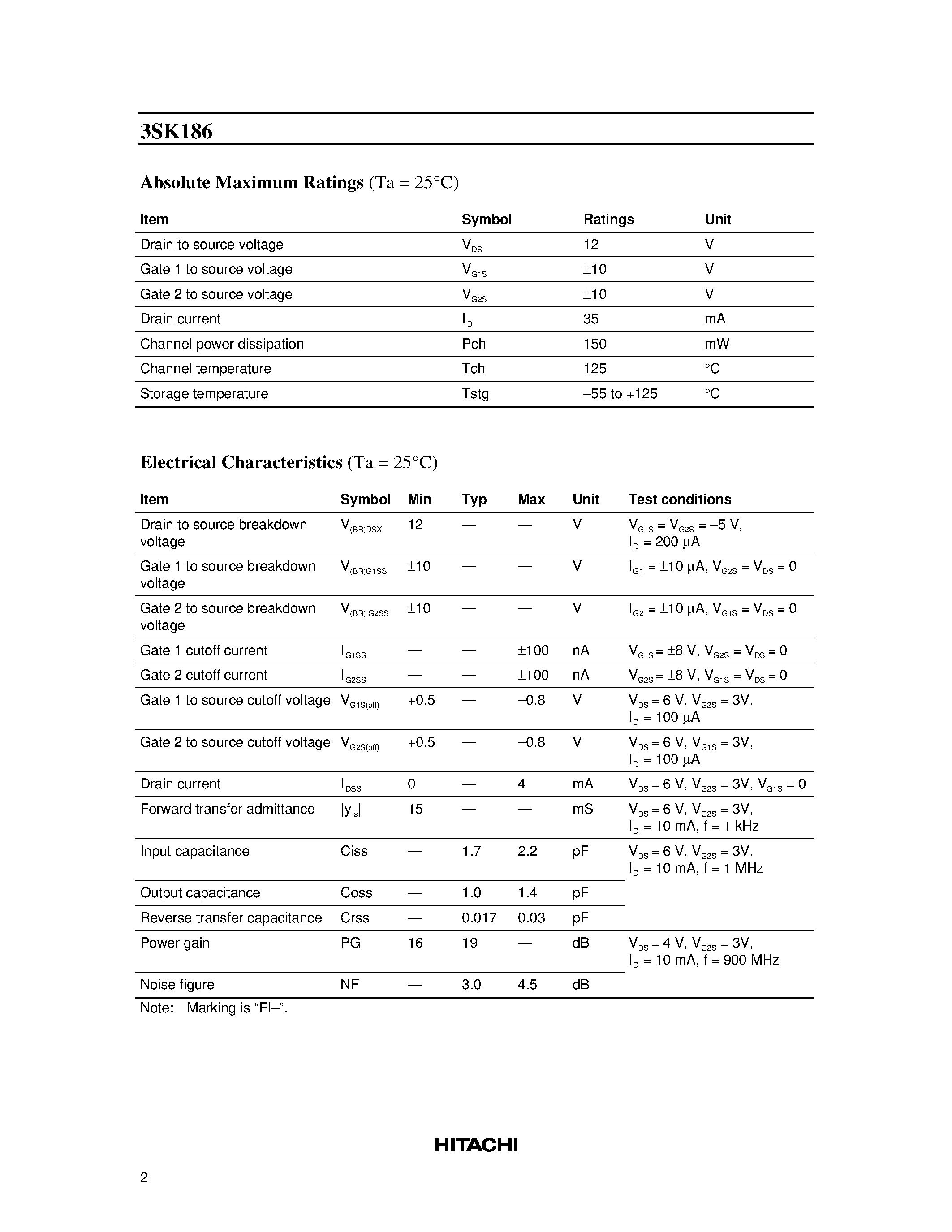 Datasheet 3SK186 - Silicon N-Channel Dual Gate MOS FET page 2