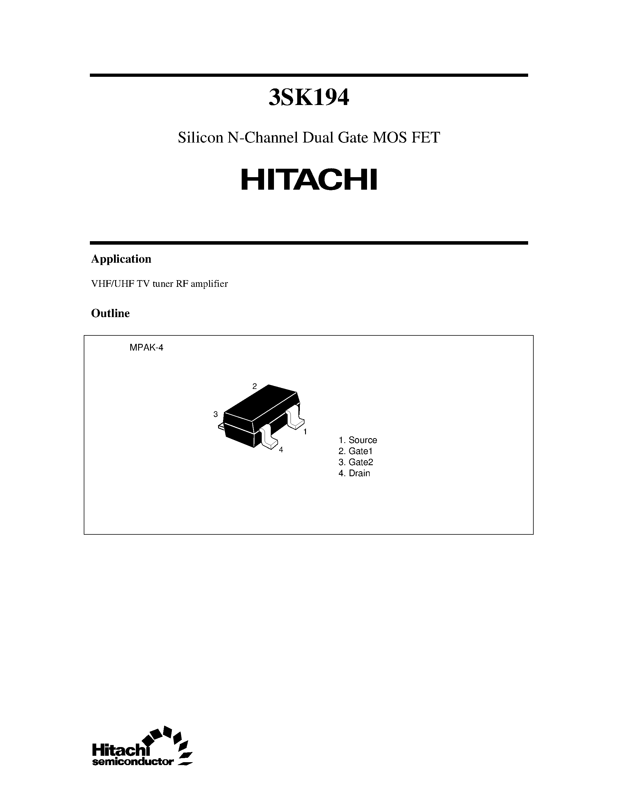 Datasheet 3SK194 - Silicon N-Channel Dual Gate MOS FET page 1