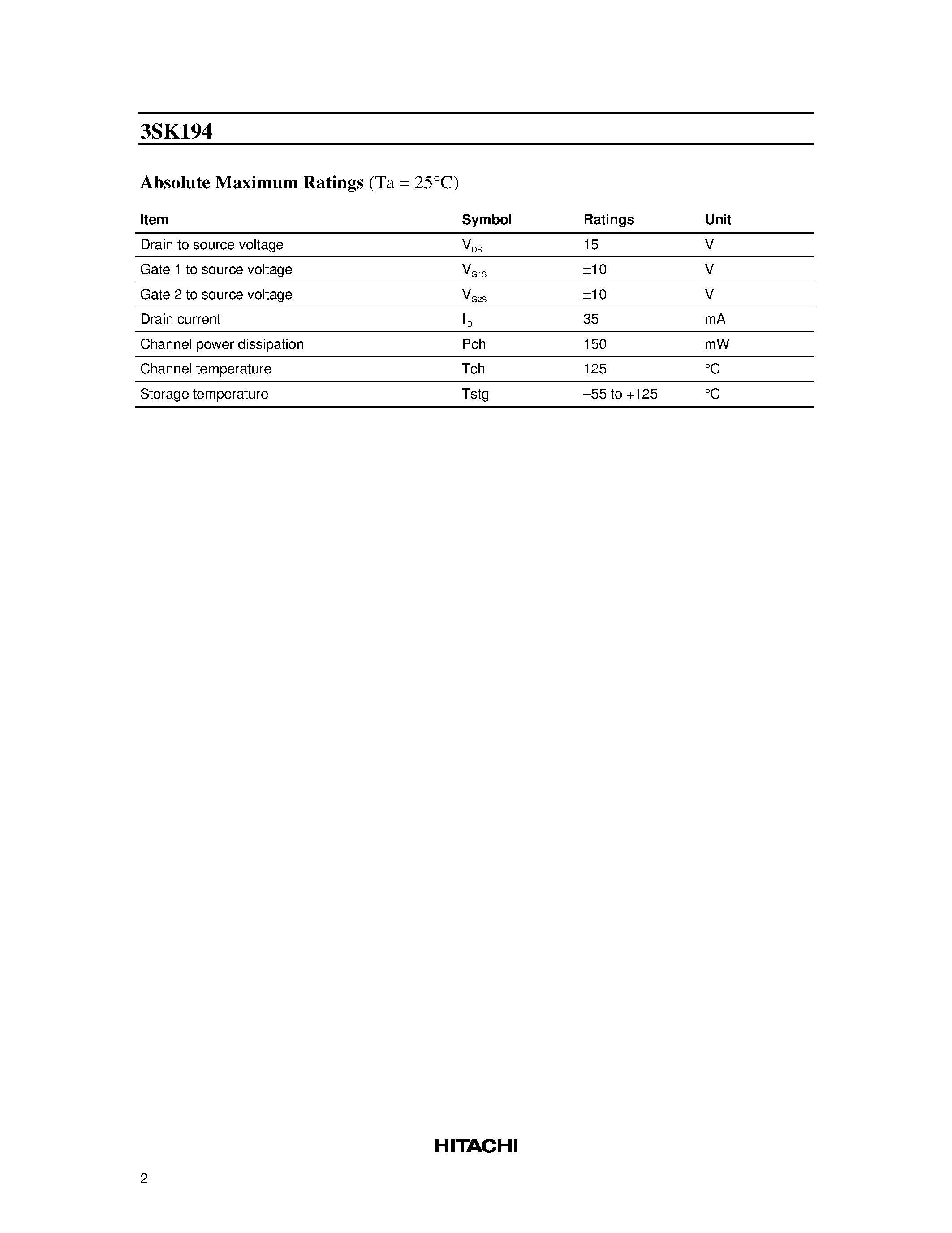 Datasheet 3SK194 - Silicon N-Channel Dual Gate MOS FET page 2
